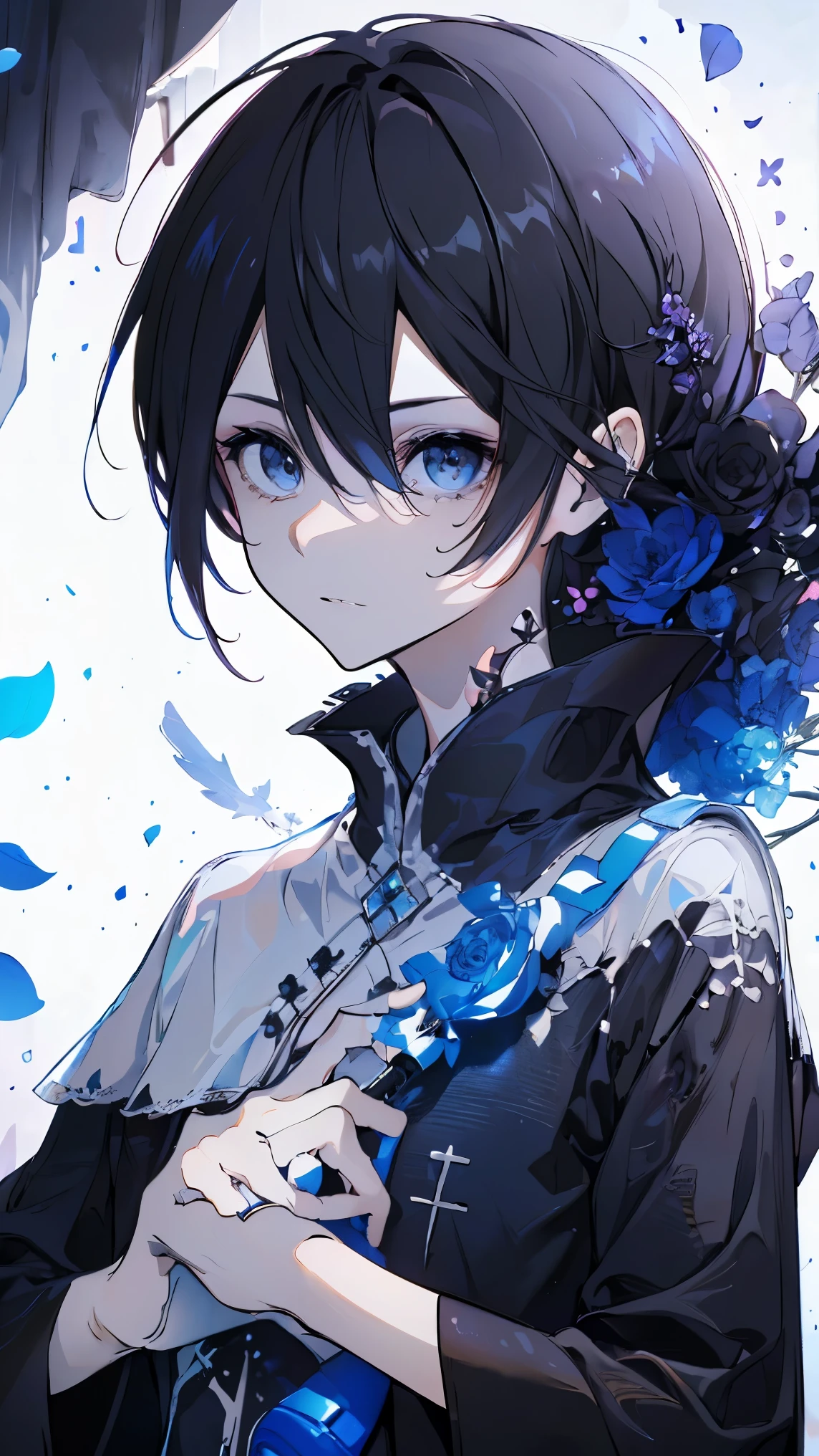 ((8k resolution))、((best quality))、((masterpiece))、((super detailed))((((dramatic))), (((rough feeling))), (((intense)))、whole body、Miss、Mine series、rain、wetlands、reflection、twilight、tattoo、long hair、black hair、white、blue、peach、flower々、flower火、sombras bem definidas、Lively, front,colorful,Have faith,Coil,Scenes,Bold,attract attention,clever、trend、I concentrate,Female Kirito
