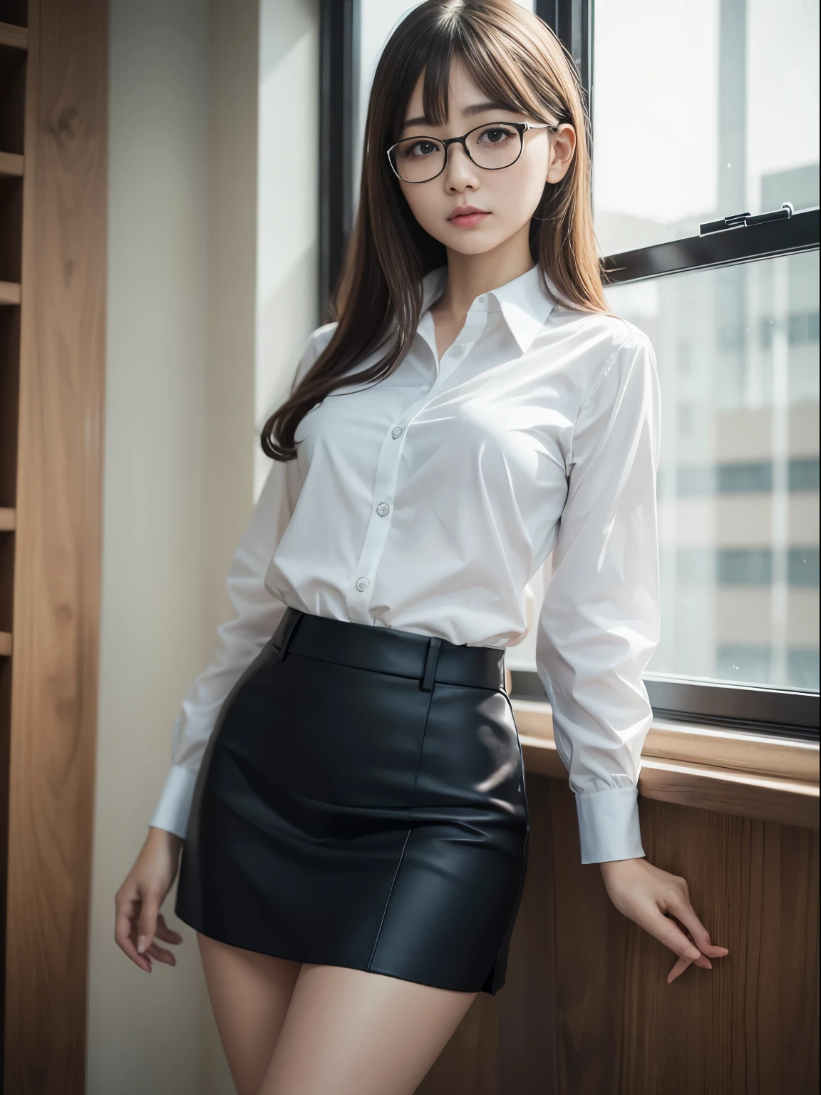 alone、solo、OL in her 20s in office uniform posing for a photo、victory、Tsundere、Single knot、OL、suit、blue mini skirt、anger、small、Glasses、slim girl model photo、physical:the smallest middle-aged man in history、female model、Japanese female fashion model、(8k、RAW photo、highest quality、masterpiece:1.2)、(real、photorealistic:1.37)、Super detailed、Ultra high definition、office Street、 standing position、whole body、((((SEXY)))