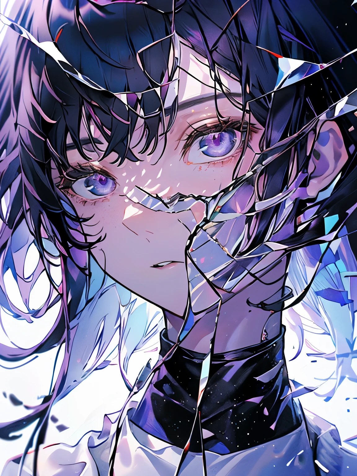 (Masterpiece, Highest quality, best quality, official art, beautiful), Extreme details, female, black hair, long, blue hair, with bangs, light purple eyes, white shirt, white pants.