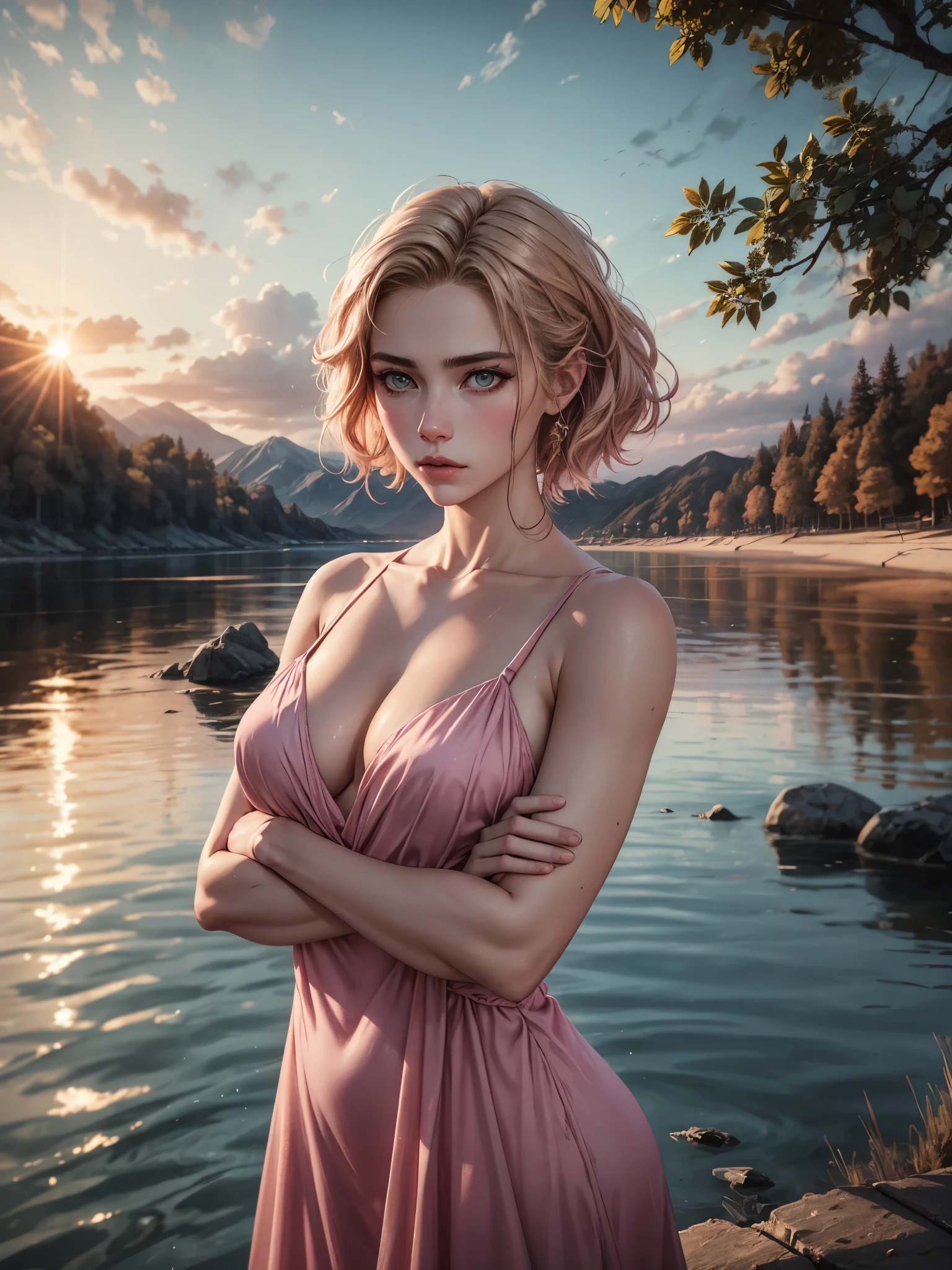 Photo professionnelle du corps entier, (Photo 4k:1.1) par (Jeremy Lipking:0.3), (Dittmann Anna:0.3), (jiner:0.3), (mise au point nette:1.3), High detail, Elegant business woman, Revealing pink dress, plage naturiste, cheveux blonds, Pose of the Instagram model, confiant, dreamy atmosphere BREAK scenic lake, distant mountains, willow tree, calm water, reflection, sunlit clouds, peaceful ambiance, idyllic sunset Perfect symmetry:1.2, Realstic, realistic face:1.2, visage parfait, contenu, confiant, highly detailed, et dramatique, lighting cinematic, Lighting scene, soft lights