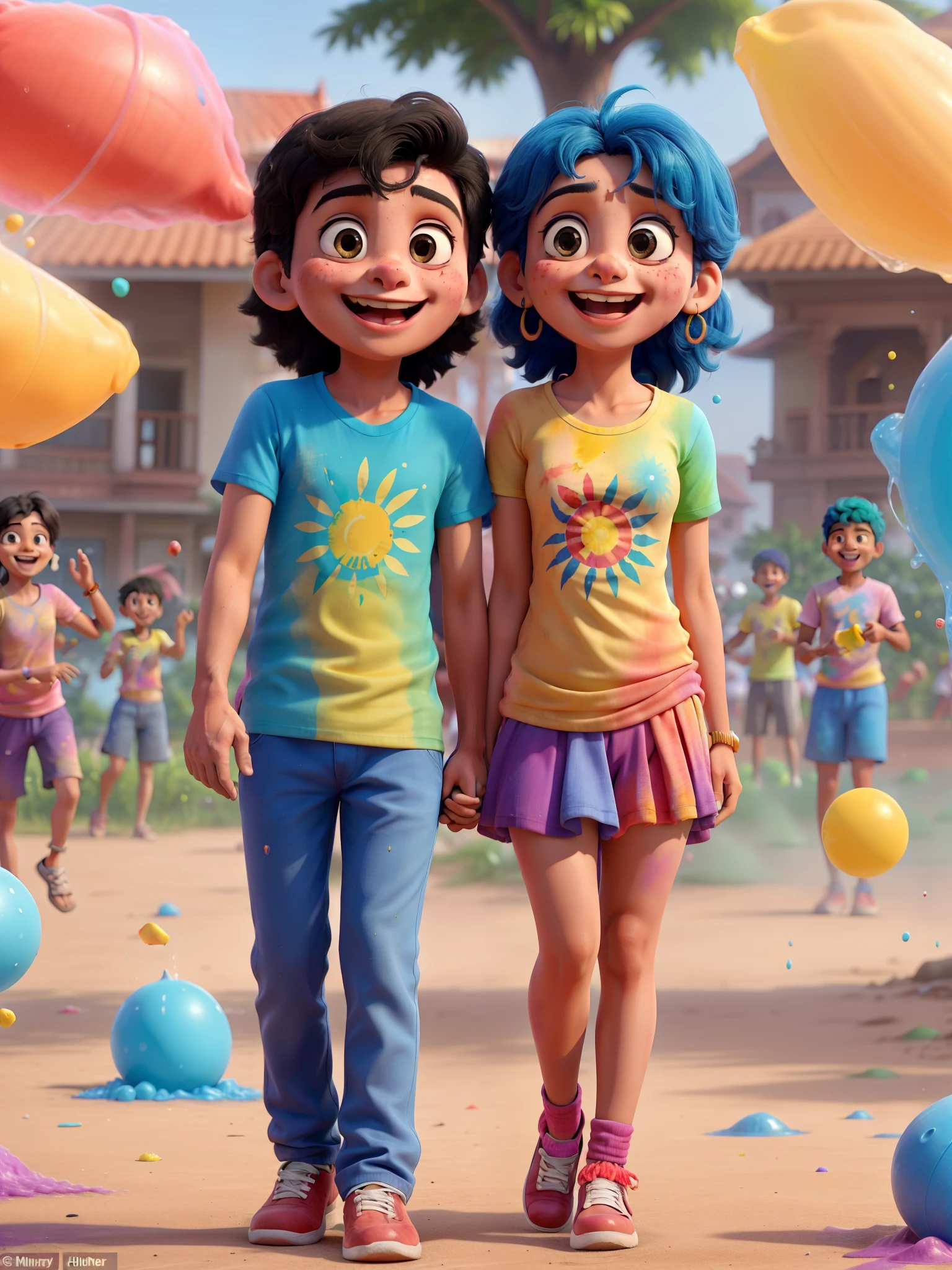 On the vibrant and lively scene, a 25-year-old Indian cute couple, Rahul with a blue T-shirt bearing his name and Kanishka in a pink tops, engage in the joyful Indian festival Holi. They gleefully throw coloured powder (abir) at each other, their faces smeared with hues of the rainbow, their laughter echoing through the air. In hand, they wield water guns filled with colourful water, playfully aiming and squirting each other. Surrounding them, some children dart around, their eyes wide with excitement, joining in the jubilant celebration. A "Happy Holi" banner floats