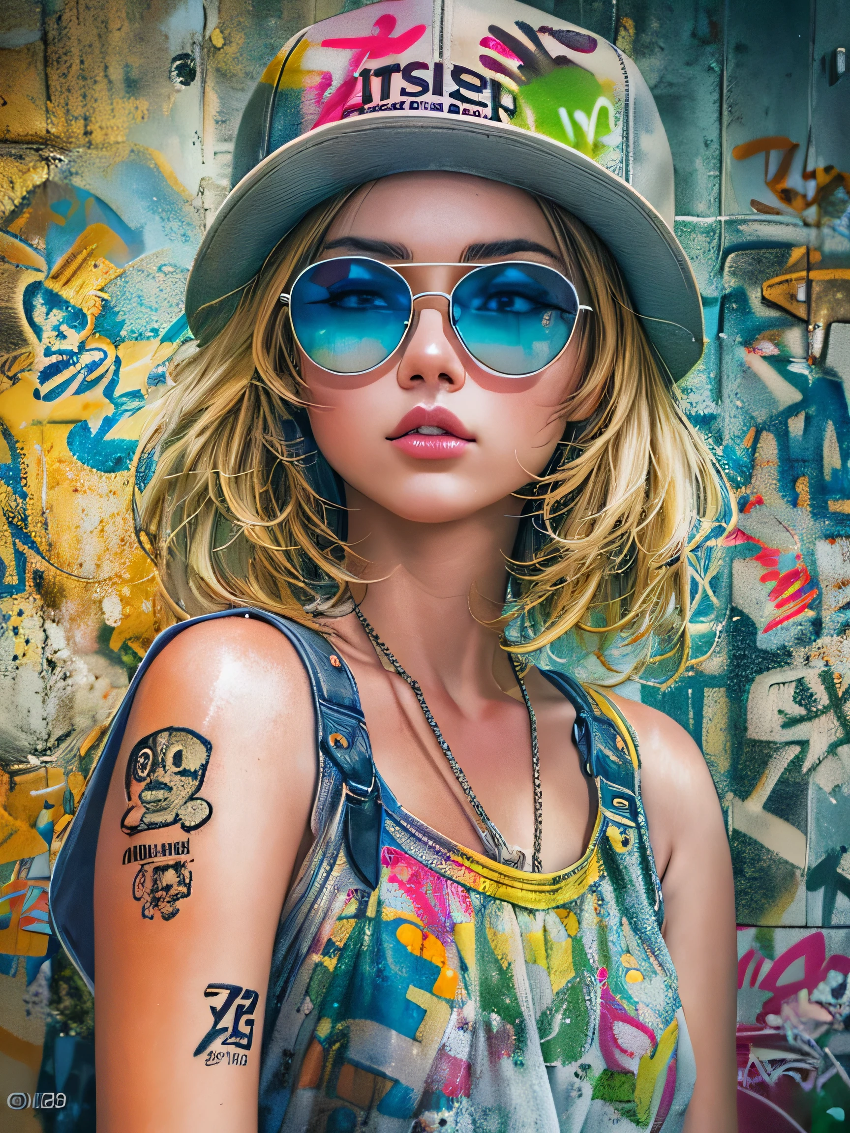 8K quality, watercolor painting, stylish design, (((The strongest beautiful girl of all time))), gal, Stylish sunglasses, Fashionable hats, (((highest quality))), bob hair, HDR, Detailed details, skull fashion, detailed clothing texture, (((graffiti art))), colorful hair, ((masterpiece))、((Super detailed))