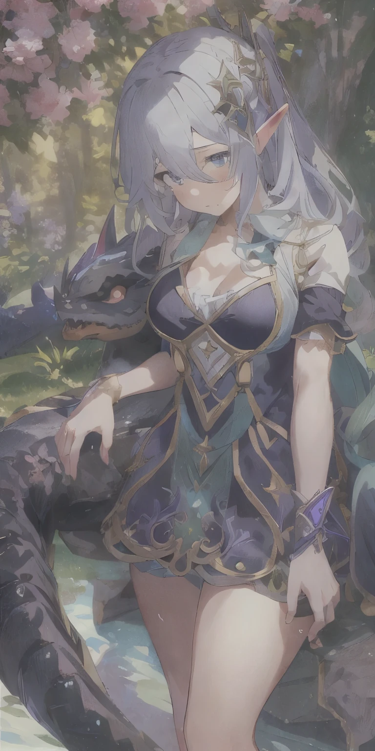 Masterpiece, Accurate Anatomy, Cute, the anime, Images of a woman in a dress, sitting on a stone bench, Black Purplish European Dragon Sleeping Beside Her, Elf Girl, Charming elven princess, pixie, cute anime waifu in a nice dress, huge breasts, 8k Graphics High-quality detailed graphic masterpiece)), cowboy shot, close up, Accurate Shading, Vivid Color, Top Quality, accuracy, ((((super details))))