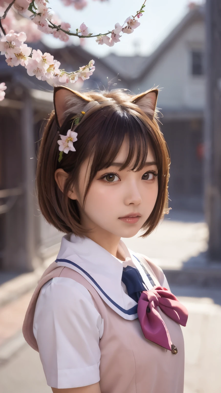 masterpiece, 4k, Bokeh, beautiful face, (multiple girls:1.4), Harem, group photo, Cat ear, medium bob hair, (Pink school uniform:1.4), graduation, looking at the viewer, cherry blossoms street , Cowboy shot,