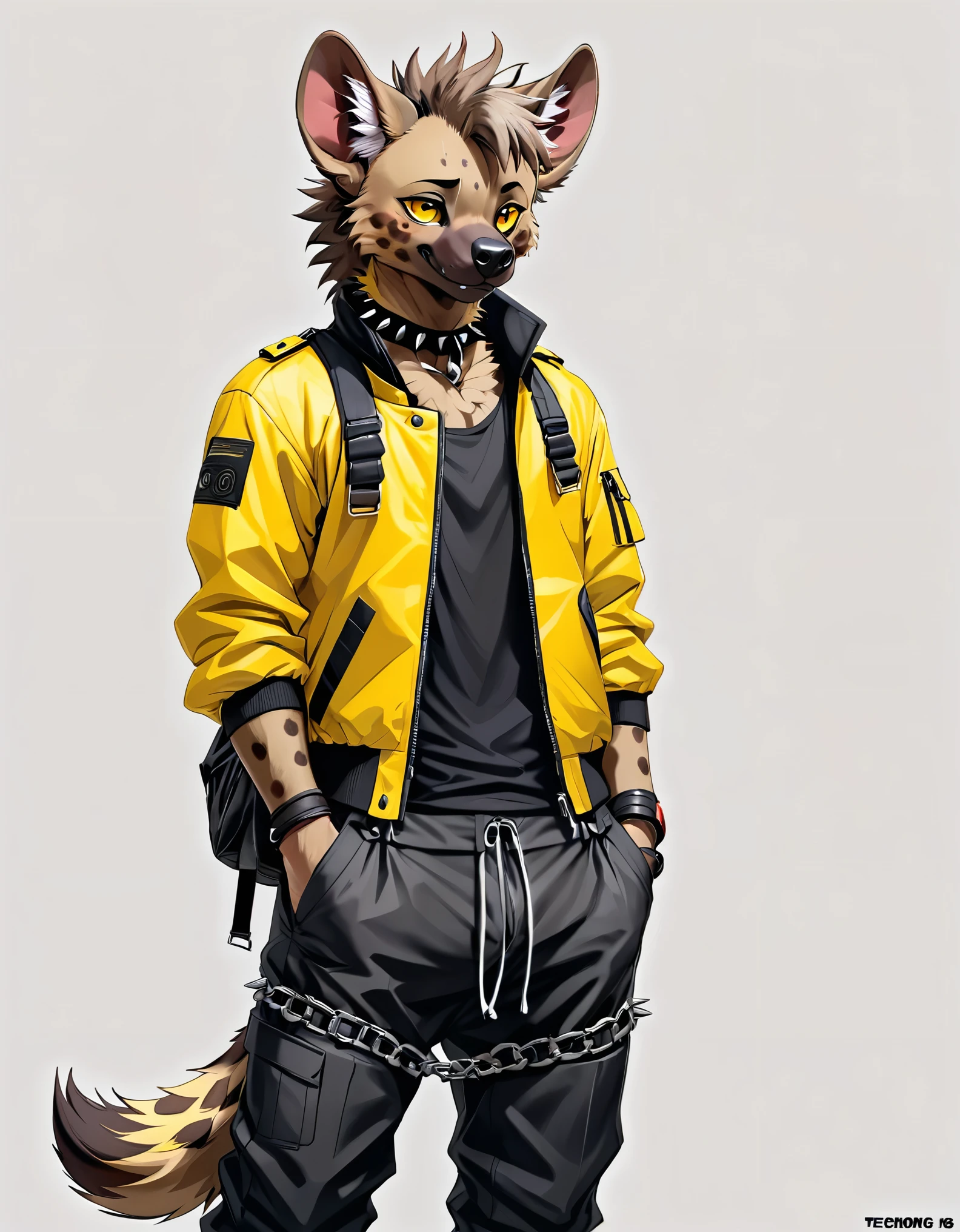 score_9, score_8_up, score_7_up, score_6_up, best quality, intricate details, (solo:1.5), furry,kemono, anthro, male, hyena,hyena ears, hyena tail, brown fur,yellow eyes, looking at viewer, smirk, frown, ear piercing, notched ear, backwards hat,backwards baseball cap, collarbone, collar,spiked collar, techwear,streetwear,yellow jacket,open jacket,black shirt, (bondage pants:1.35), hands in pockets, messenger bag, sneakers,red sneakers, standing, white background,