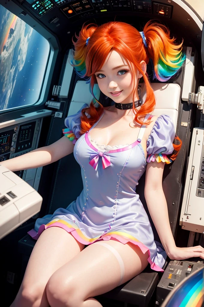 Best Quality, Masterpiece, 8k, RAW (overhead view) ((Cute redhead with rainbow colored hair tips:1.2)), ribbons in her hair, 18-year-old woman, happy, excited expression, smiling, in twin tails, perfect eyes, clear sparkling blue eyes, pale skin, silky smooth skin, porcelain white skin, flying a fancy metal luxurious space ship, futuristic cockpit, she's a pilot laying in her pilot chair, outer space seen in windows, the vastness of space, dark warm lighting, wearing a futuristic party dress, pleated (chemise) mini dress (pastel rainbow colors, and polka dots), puffy sleeves, silk, wearing full body pantyhose.