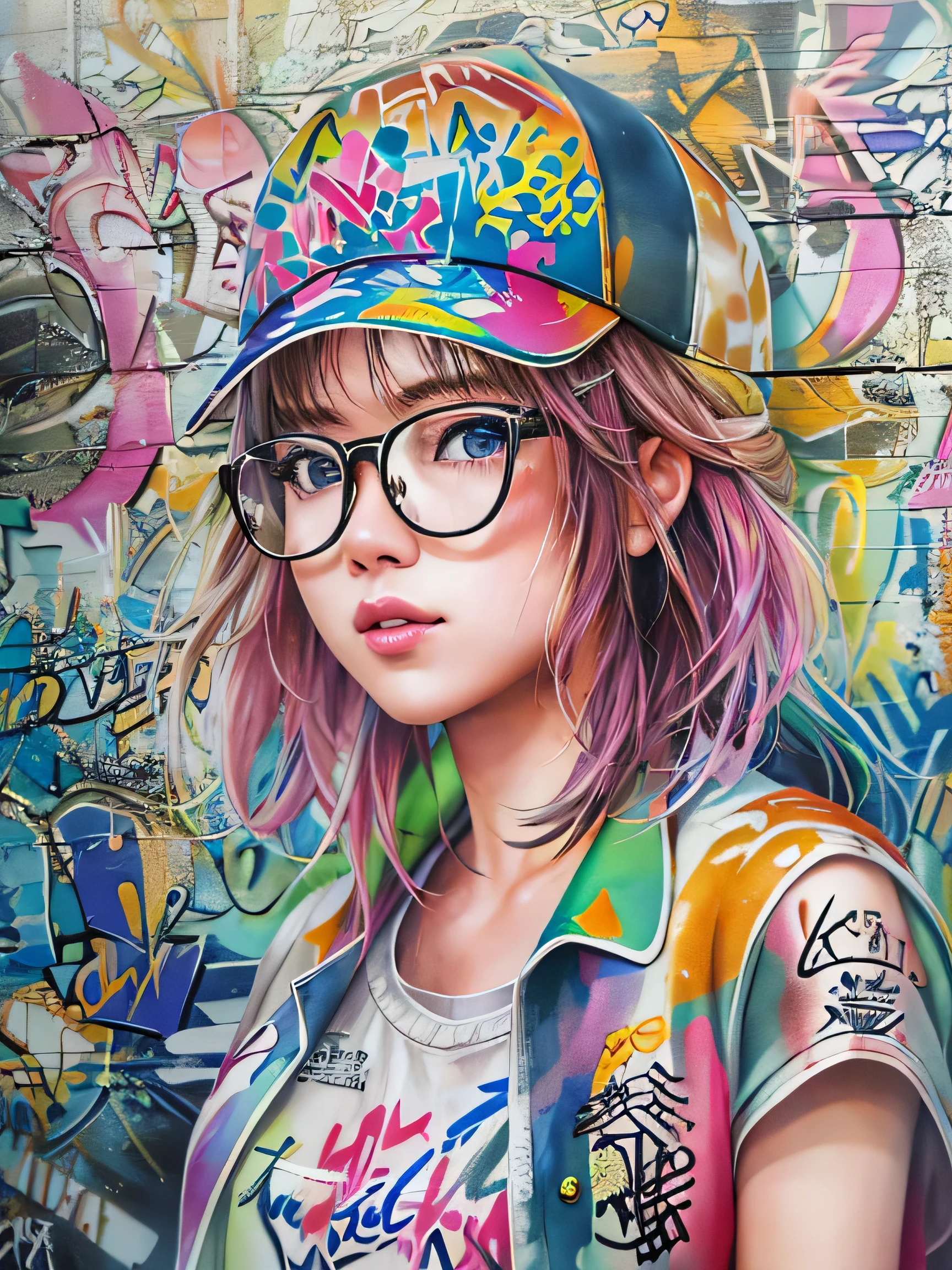 8K quality, watercolor painting, stylish design, (((The strongest beautiful girl of all time))), (((Japanese)))、AKB48、clear, stylish glasses, Fashionable hats, (((highest quality))), bob hair, Place your hands on the wall, HDR, ((Detailed details)), stylish fashion, detailed clothing texture, (((graffiti art))), colorful hair, ((masterpiece))、((Super detailed))