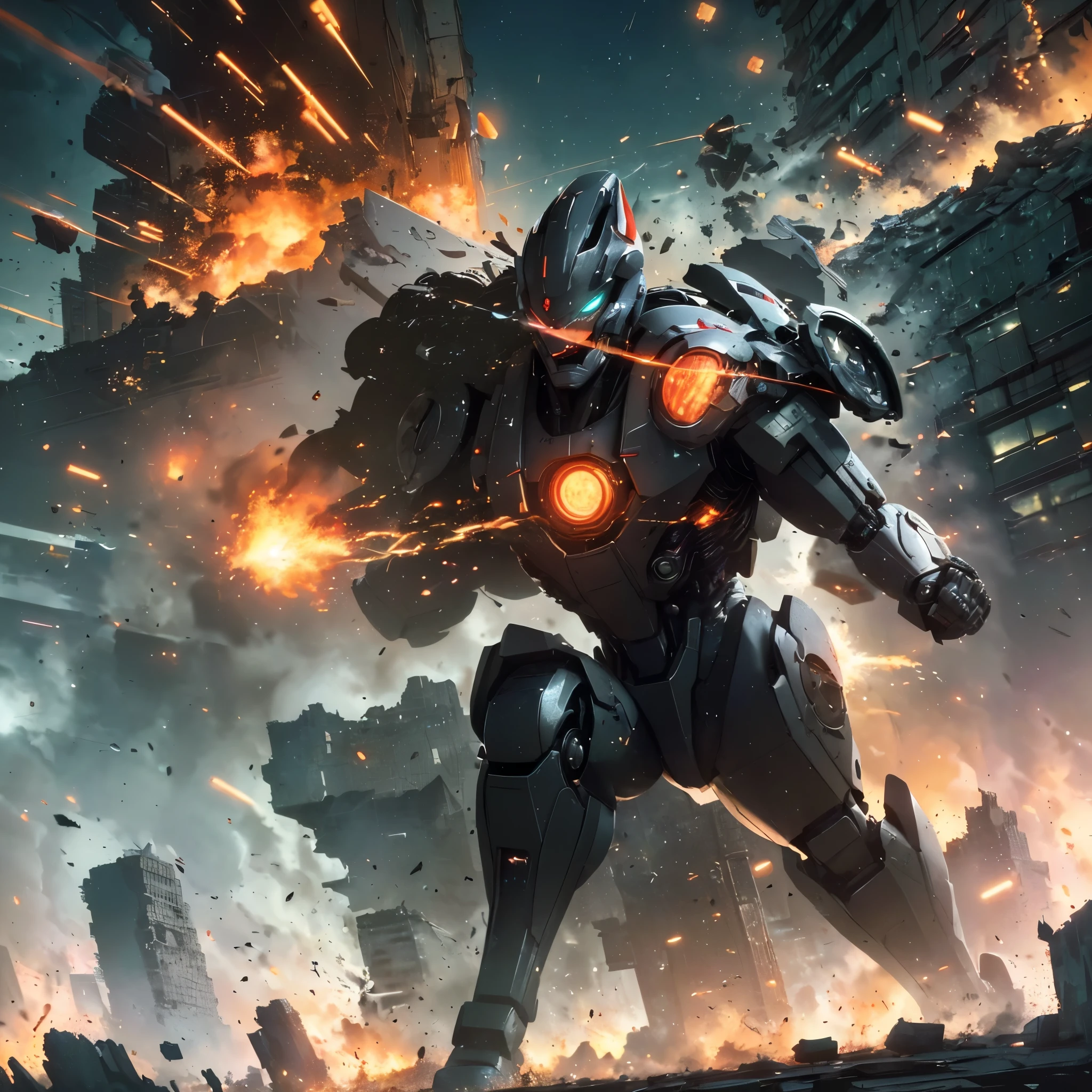 (best quality,4k,highres), (realistic:1.37), ultra-detailed, (professional), (vivid colors), (bokeh), vintage paper texture, Wu Guanzhong's art style, dynamic brush strokes, intense battle scene, intricate details, power-packed punches and kicks, towering buildings crumbling, vibrant explosions, energy bolts and beams, sparks and smoke, dramatic lighting, intense facial expressions, determined robot pilot, menacing alien beast, epic struggle of good vs evil, frenetic action, deep perspectives, attention to anatomy and proportions