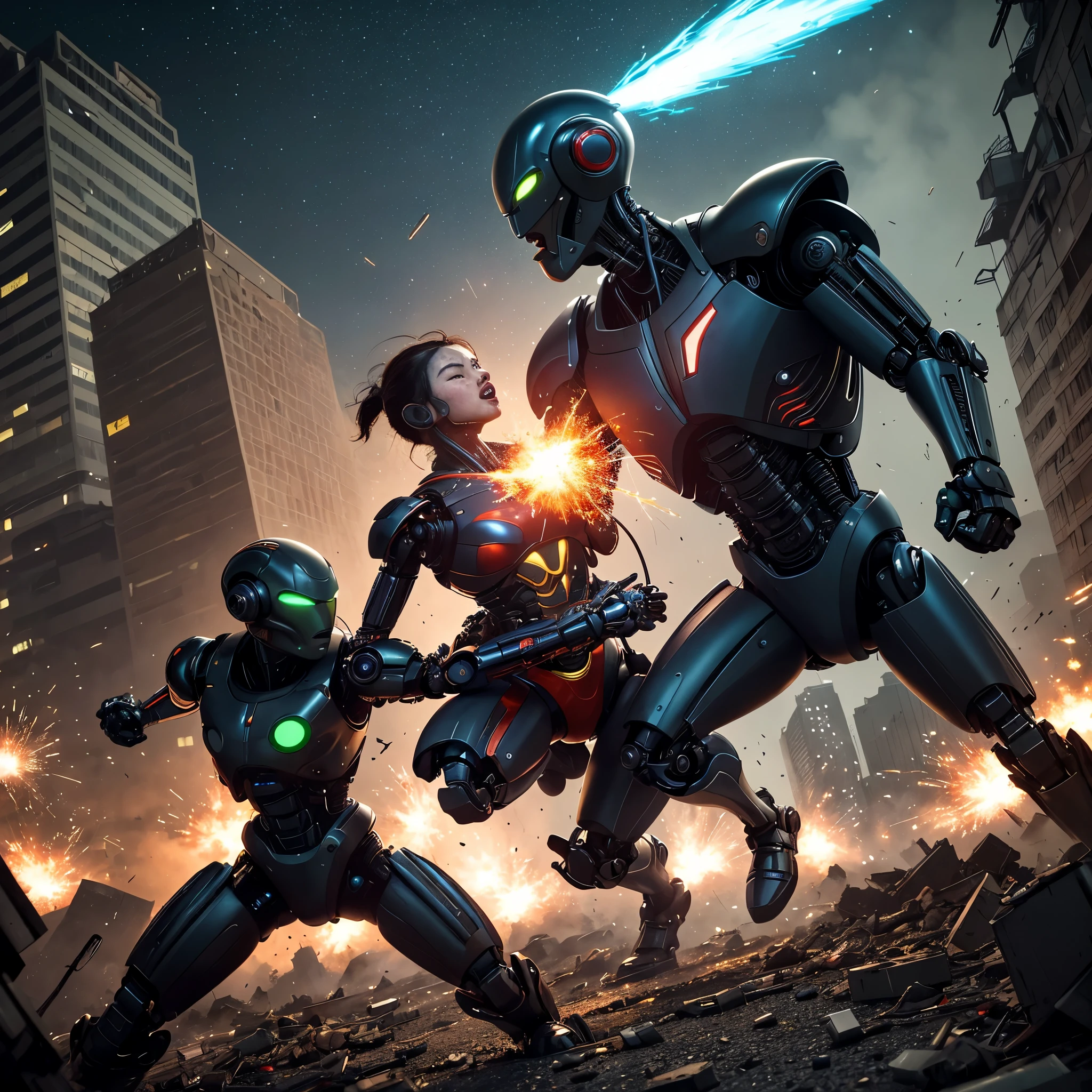 (best quality,4k,highres), (realistic:1.37), ultra-detailed, (professional), (vivid colors), (bokeh), vintage paper texture, Wu Guanzhong's art style, dynamic brush strokes, intense battle scene, intricate details, power-packed punches and kicks, towering buildings crumbling, vibrant explosions, energy bolts and beams, sparks and smoke, dramatic lighting, intense facial expressions, determined robot pilot, menacing alien beast, epic struggle of good vs evil, frenetic action, deep perspectives, attention to anatomy and proportions