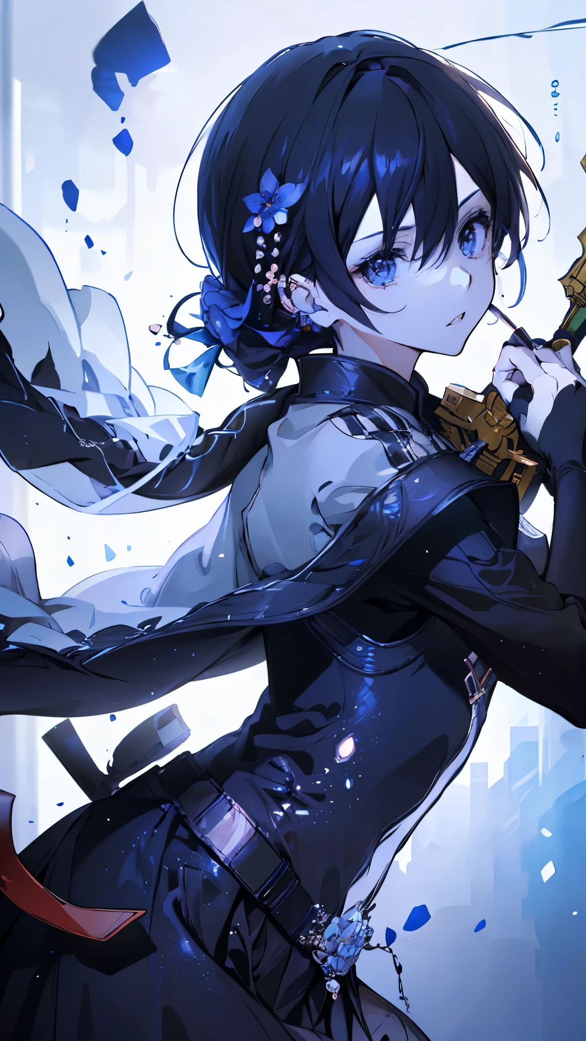 ((8k resolution))、((best quality))、((masterpiece))、((super detailed))((((dramatic))), (((rough feeling))), (((intense)))、whole body、Miss、Mine series、rain、wetlands、reflection、twilight、tattoo、long hair、black hair、white、blue、peach、flower々、flower火、sombras bem definidas、Lively, front,colorful，Have faith，Coil，Scenes，Bold，attract attention，clever、trend、I concentrate，Female Kirito