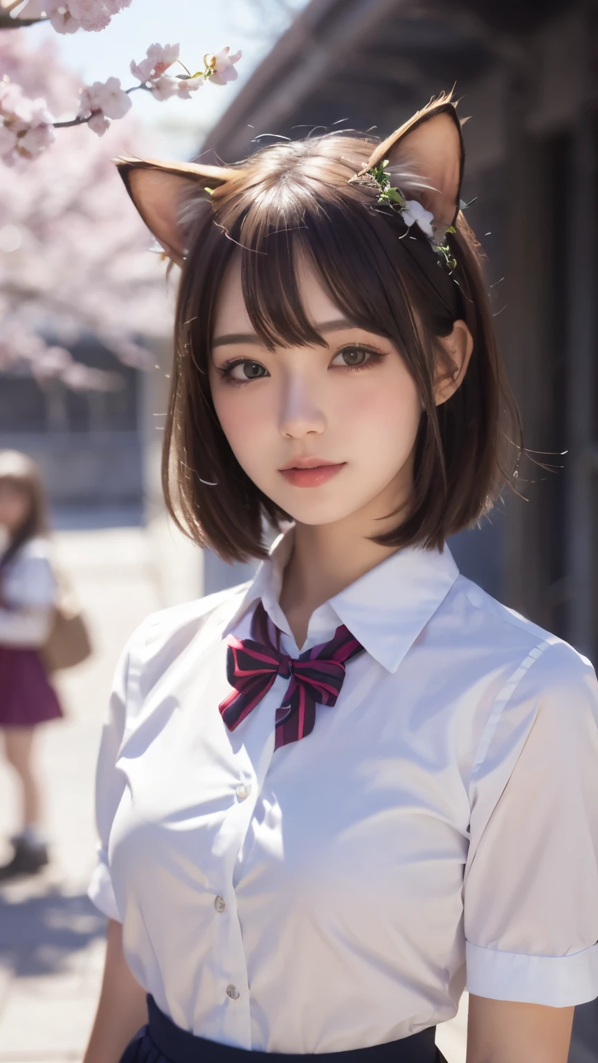 masterpiece, 4k, Bokeh, beautiful face, (multiple girls:1.4), Harem, group photo, Cat ear, medium bob hair, Pink school uniform, graduation, looking at the viewer, cherry blossoms, Upper body shot,