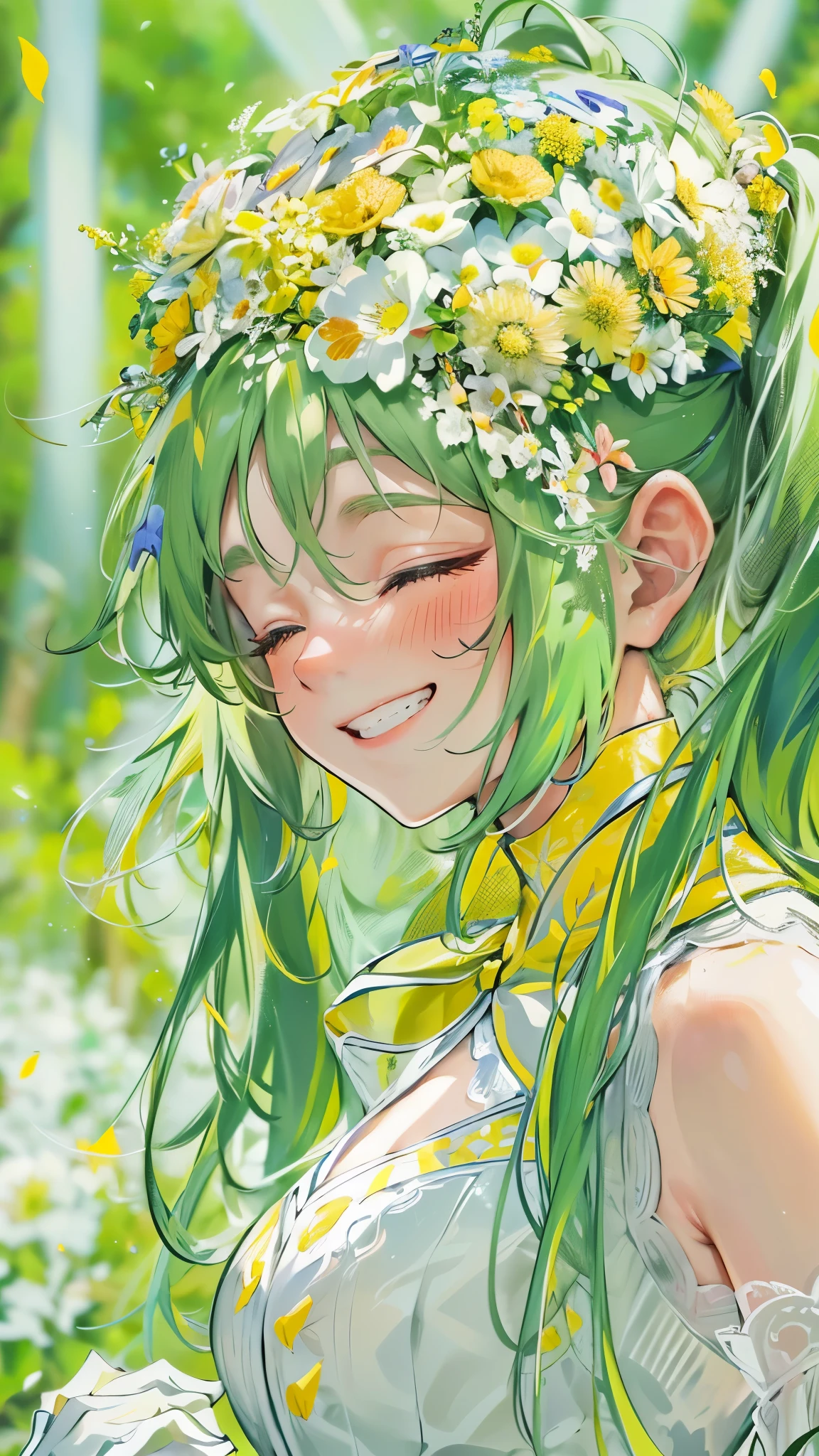 perfect ???????, masterpiece:1.4, best quality, 8k, beautiful detailed grow, daydreaming expression, upper body ((Heart hands)) ((lovely smile, toothy grin)) (solo ponytail green hair long hair divine girl, 14 yo, cute closed eyes), break, in a white spring suit, skirt, break, in the many Yellow Gypsophila field.