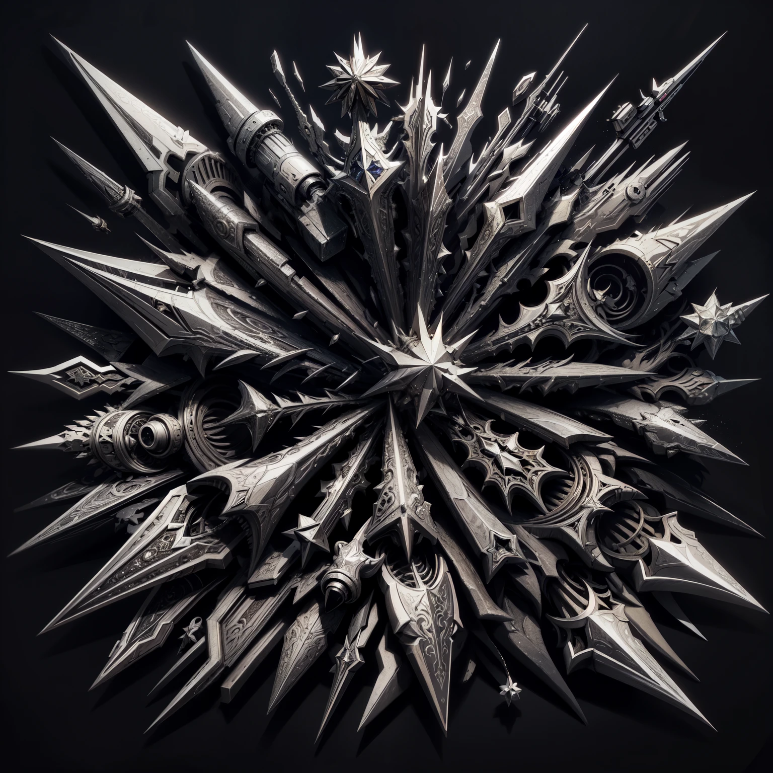 Close-up of a star-shaped object with many spikes, complex digital artwork, 3D complex shapes, complex digital art, Intricately symmetrical artwork, Dark yet detailed digital art, Complex 3D illustration, Infinite fragments and fractals, kaleidoscope of machine guns, sharp high quality artwork, chrome art, heavy metal art, intricate metal, Complex and gorgeous anime CGI style