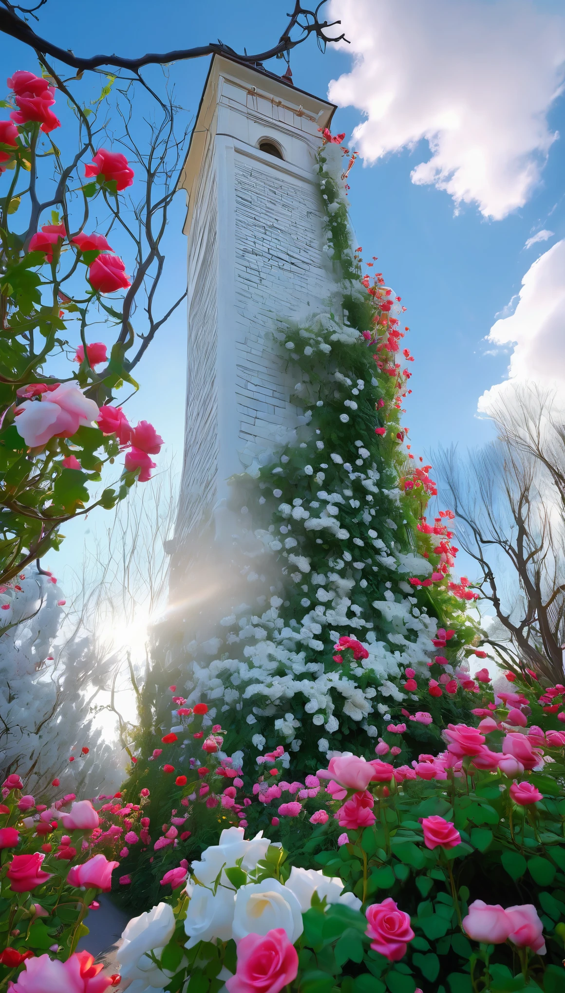 spring，early morning，Blue sky and white clouds，There is a tall tower，surrounded by flowers, flower tower, Surreal Flowers of Wyse, portal made of roses, (road of flowers), beautiful flowers grow, (flower explosion), Grows out of a huge rose, huge flowers, view from below, flowers bloom, Covered with flame porcelain vine, (full of flowers), view from below，(no humans)high details, high quality, super detail, UHD, masterpiece, ccurate, best quality, 16k)