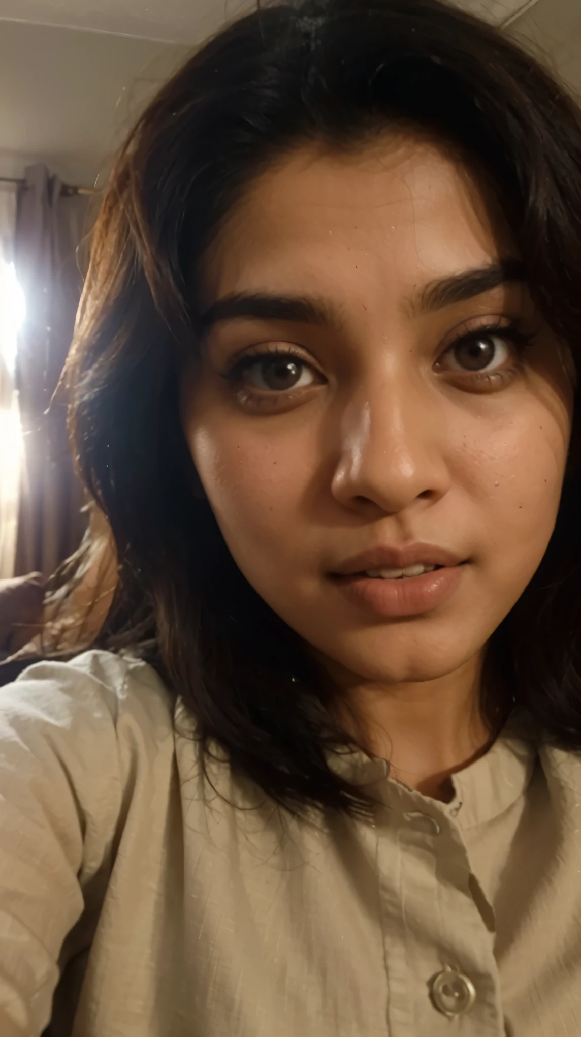 Pakistani actress, pinterest, taking a selfie, Indonesia bedroom background, hand hidden, light skin, no hand shown, half body, close up, in her bed, ((selfie)), ((close up)), ((17 years old)), 17 yo, funny expression, fun expression