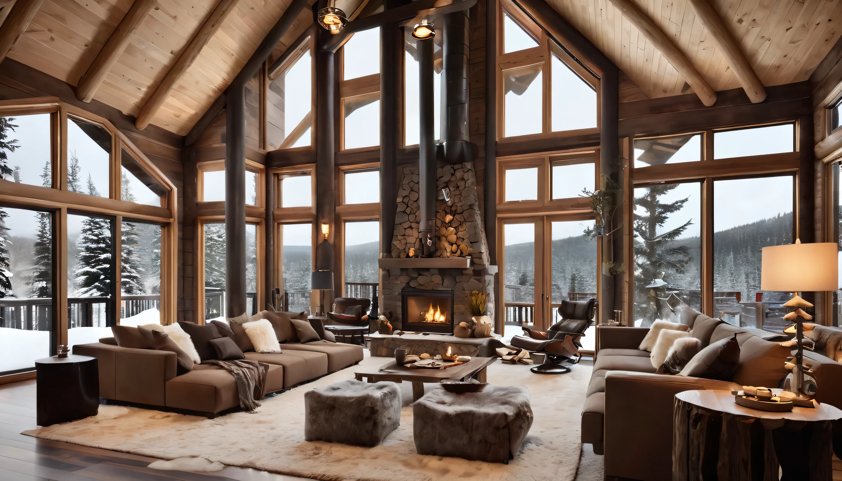 Large living room with double ceiling height, Log cabin with floor-to-ceiling windows on one side. It&#39;s pitch black and snowy outside. The living area features luxurious furniture, Contemporary sofa and chair in neutral tones, grouped around low, central coffee table. The color palette of the room consists of dark browns and warm colors., Mr.々The soft light of the lamp creates a comfortable atmosphere..