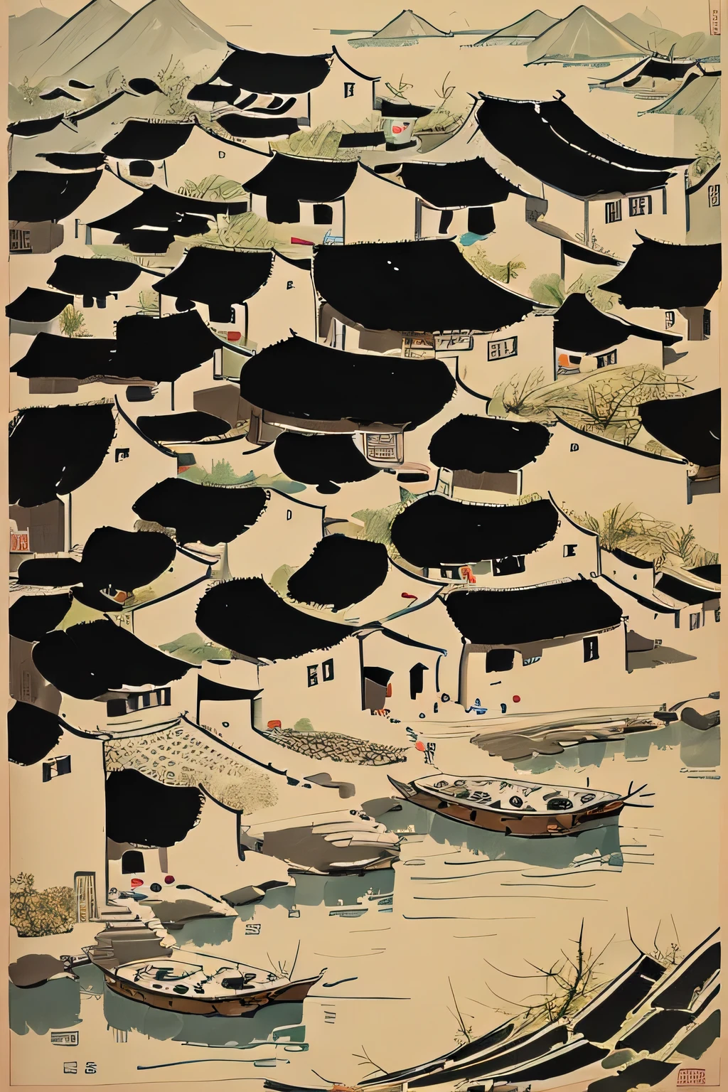 Wu Guanzhong style works，painting of a view of a lake with a village in the distance, by Wu Guanzhong, Inspired by Wu Guanzhong, by Cui Bai, qi sheng luo, landscape in background, village,