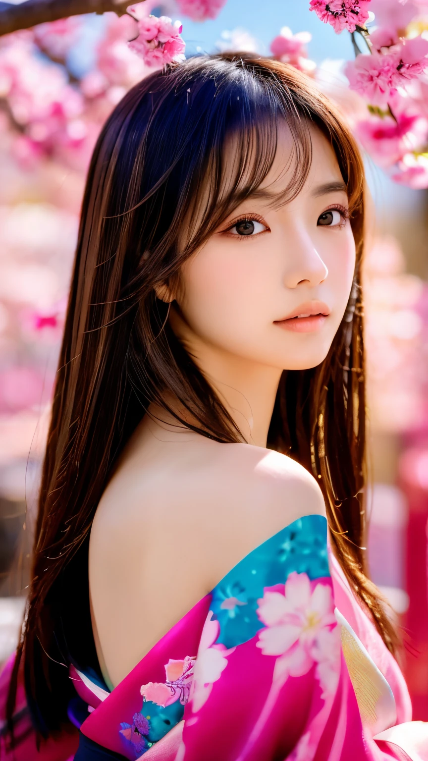 Beautiful Japanese supermodel woman, A lock of hair with slight highlights, black eyes, mixed media, Sexy,Sakura background,Gorgeous kimono , Liquid color flows across her face, backlight