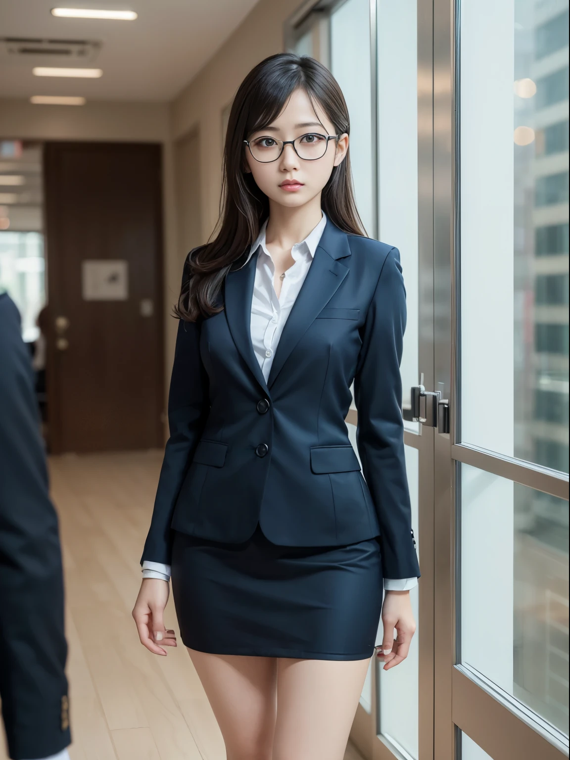 alone、solo、OL in her 20s in office uniform posing for a photo、victory、Tsundere、Single knot、OL、suit、blue mini skirt、anger、small、Glasses、slim girl model photo、physical:the smallest middle-aged man in history、female model、Japanese female fashion model、(8k、RAW photo、highest quality、masterpiece:1.2)、(real、photorealistic:1.37)、Super detailed、Ultra high definition、office Street、 standing position、whole body、((((SEXY)))