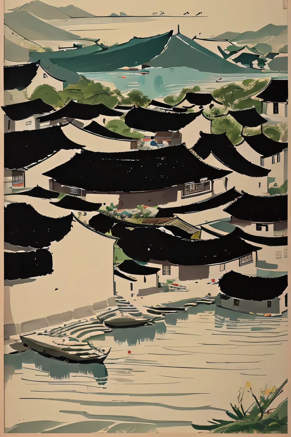 Wu Guanzhong style works，painting of a view of a lake with a village in the distance, by Wu Guanzhong, Inspired by Wu Guanzhong,landscape in background, village,