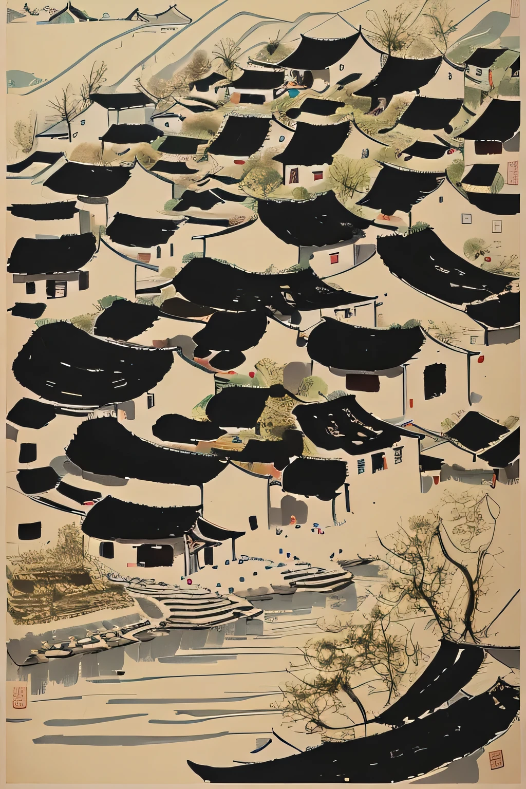 Wu Guanzhong style works，painting of a view of a lake with a village in the distance, by Wu Guanzhong, Inspired by Wu Guanzhong, landscape in background, village,