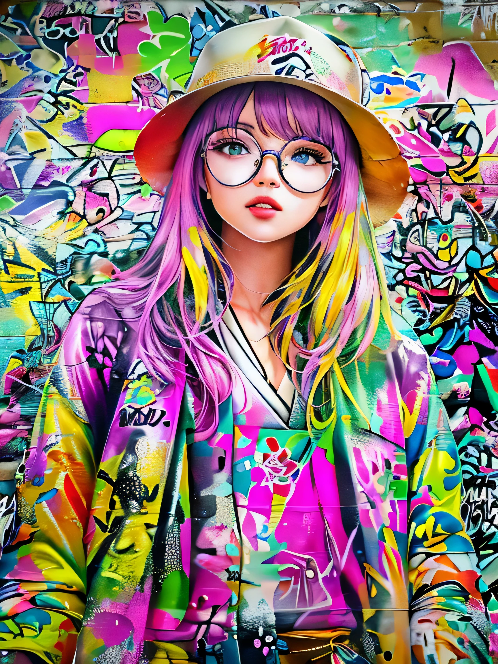 8K quality, watercolor painting, stylish design, (((The strongest beautiful girl of all time))), (((Japanese)))、clear, stylish glasses, Fashionable hats, (((highest quality))), bob hair, Place your hands on the wall, HDR, ((Detailed details)), stylish fashion, detailed clothing texture, (((graffiti art))), colorful hair, ((masterpiece))、((Super detailed))