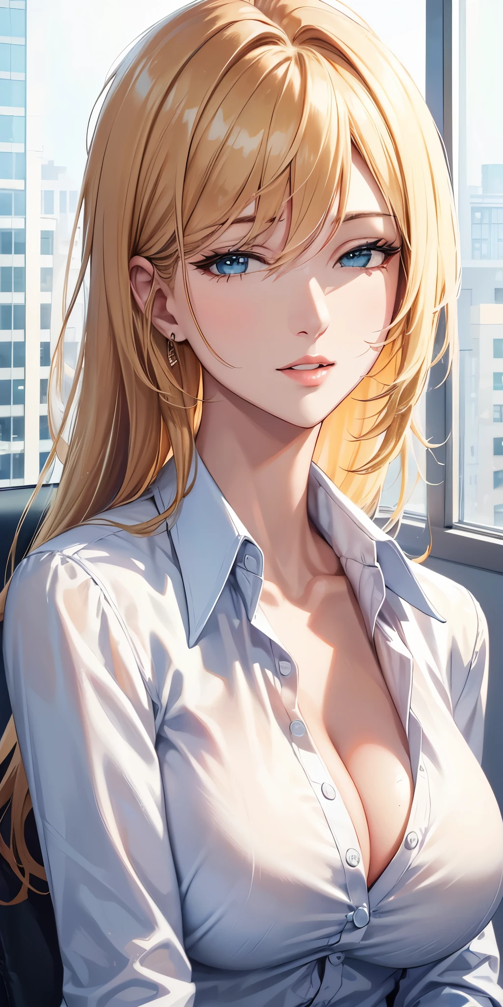 (best quality, highres), portrait, elegant boss lady, fair skin, long straight hair, swept-side bang, [[[brown hair]]], blonde hair, office shirt, cleavage, office window, vibrant color