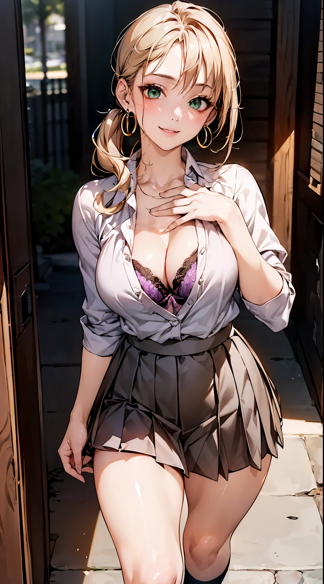 (masterpiece:1.2, highest quality), (realistic, photorealistic:1.4), beautiful illustrations, (natural side lighting, movie lighting),
looking at the viewer, cowboy shot, Front view:0.6, 1 girl, Japanese, high school girl, perfect face, Cute symmetrical face, shiny skin,
(long hair:1.8, side ponytail:1.7, bright blonde hair), parted bangs, emerald green eyes, long eyelashes chest:0.9, thick thighs),
beautiful hair, beautiful face, thin and beautiful eyes, beautiful clavicle, beautiful body, beautiful breasts, beautiful thighs, beautiful feet, beautiful fingers,
((white collared shirt, rolled up sleeves, Violet pleated miniskirt, loose socks, brown loafers)), shocking pink bra and panties, Cardigan to wrap around the waist), hoop ring earrings,
(beautiful scenery), evening, Shibuya Street, ({squat | walk | Are standing}, {have a phone | put your hand on your chest | hand between legs}), (cute smile, Upper grade, open your mouth),