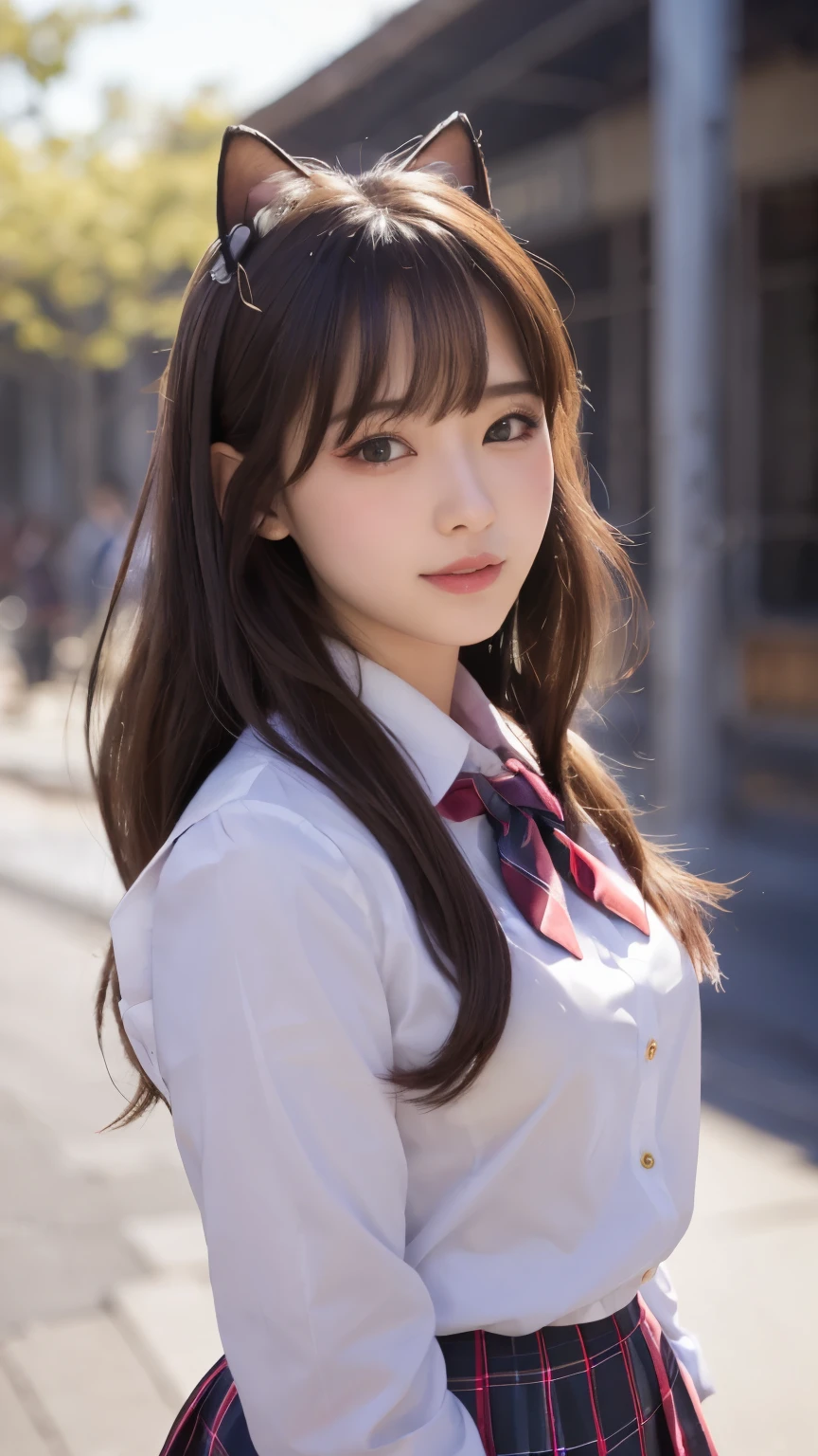 masterpiece, 4k, Bokeh, beautiful face, (multiple girls:1.4), Harem, group photo, Cat ear, medium bob hair, (Pink school uniform:1.4), graduation, looking at the viewer, cherry blossoms street , Cowboy shot,