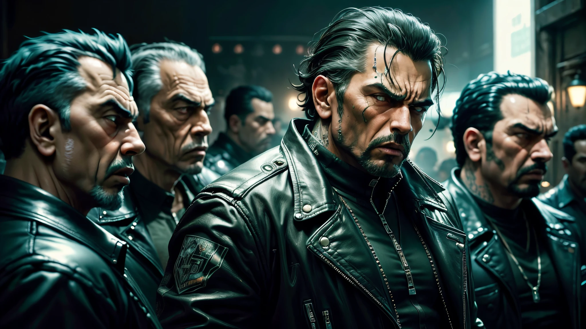 good quality, ultra high resolution，masterpiece, A man wearing a black leather jacket，The expression is angry，Surrounded by a group of Mexican gangsters in black.，