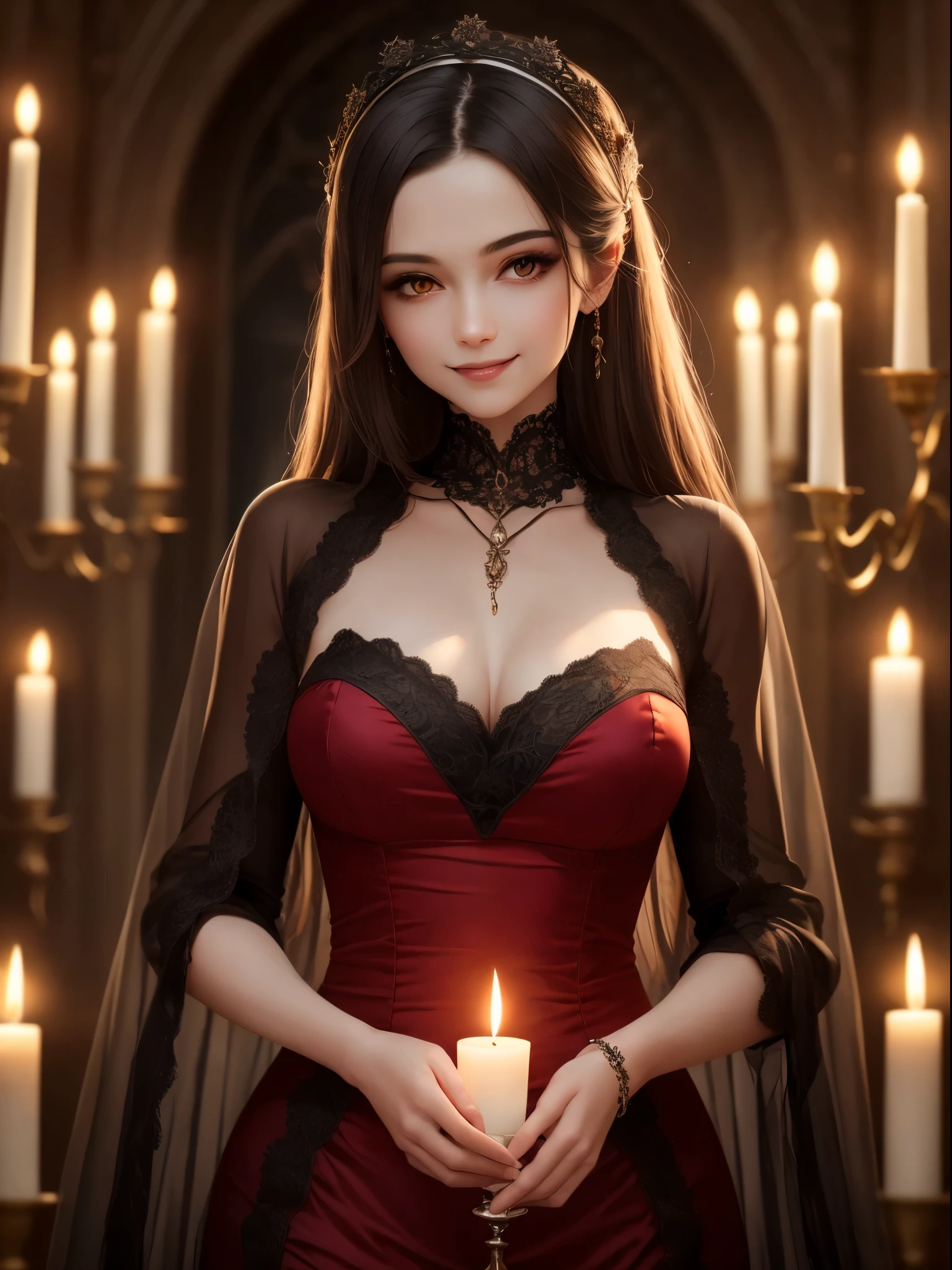 (best quality, 4k, 8k, highres, masterpiece:1.2), elegant vampire lady, smiling face, crimson eyes, sharp fangs,Gorgeous silk clothing, family crest on chest, warm candlelight, gothic ambiance, intricate lace patterns, blending Baroque and Romantic styles