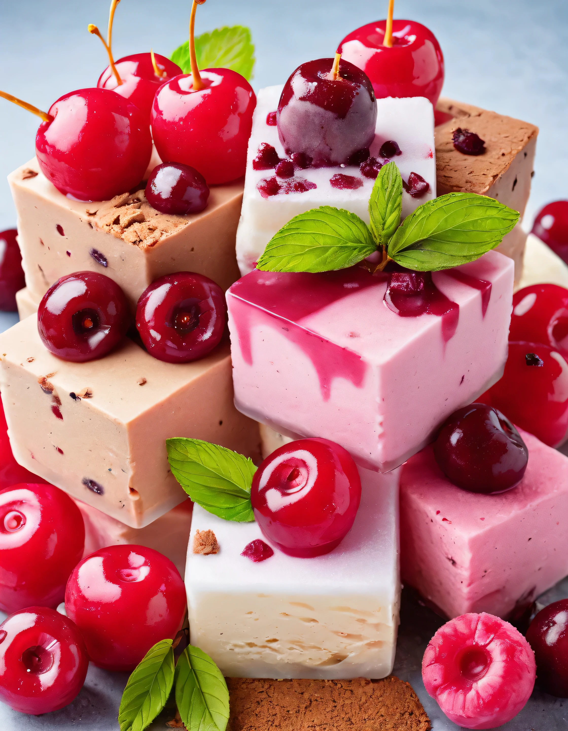 a photo of square-shaped ice-cream, chunks, Neapolitan, cherries, high resolution, beautiful, highest quality, masterpiece, highly detailed, high saturation