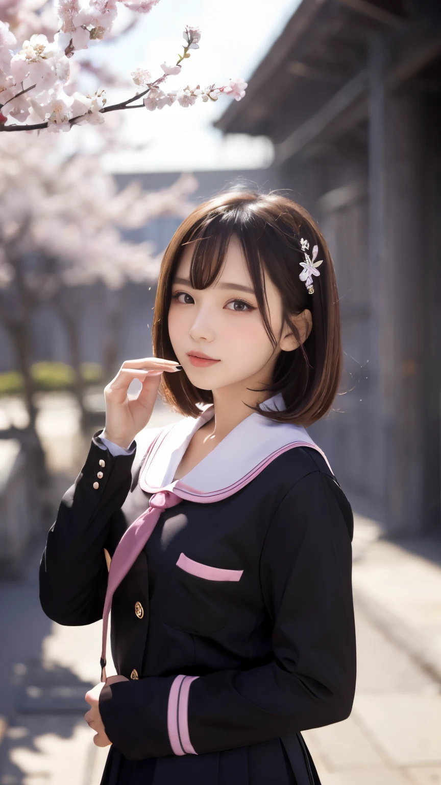 masterpiece, 4k, Bokeh, beautiful face, (multiple girls:1.4), Harem, group photo, Cat ear, medium bob hair, (Pink school uniform:1.4), graduation, looking at the viewer, cherry blossoms street , Cowboy shot,