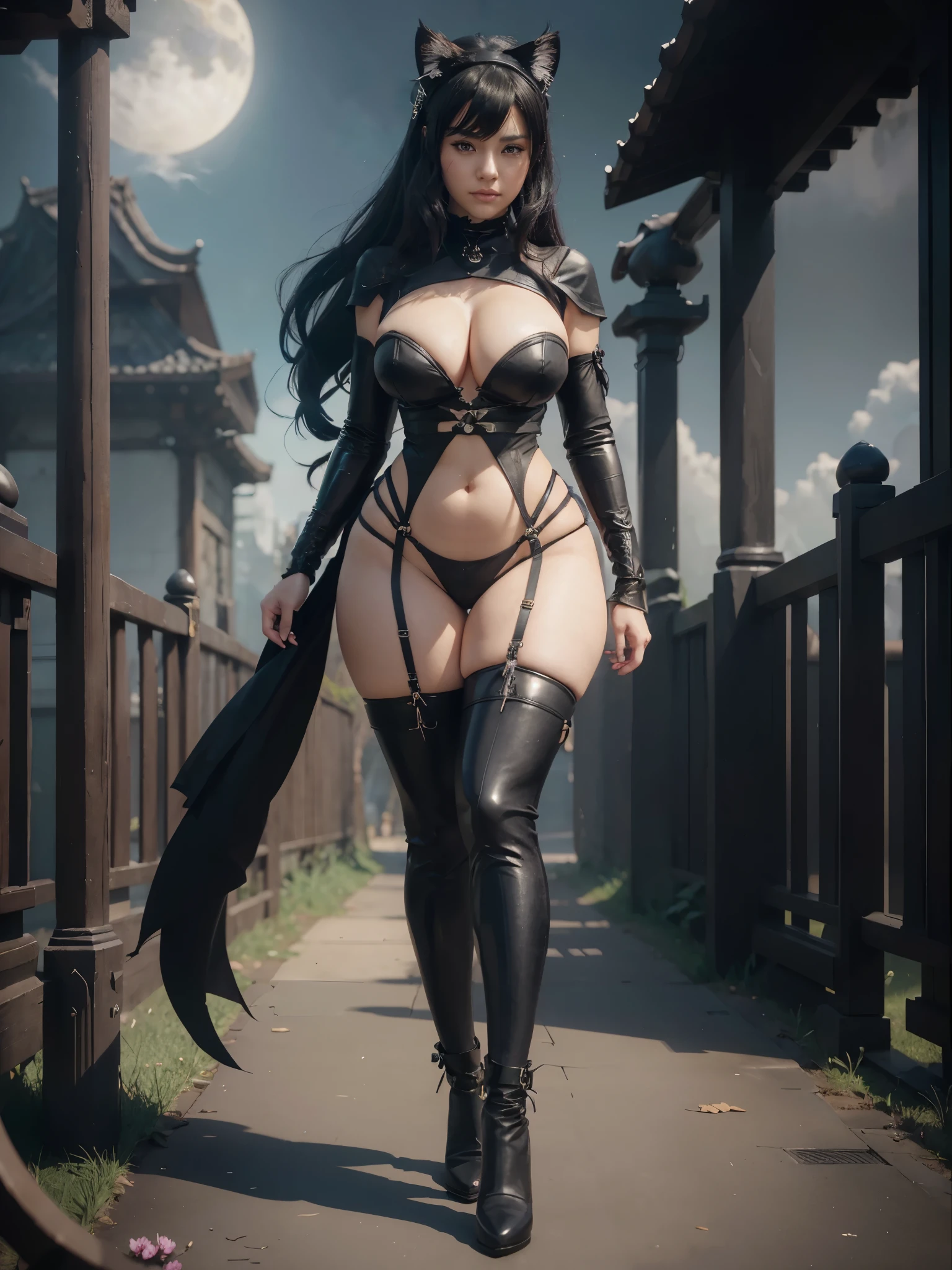 arafed woman in a black outfit and cat ears walking down a path, 2. 5 d cgi anime fantasy artwork, thicc, full body cgsociety, fanart best artstation, deviantart artstation cgscosiety, seductive anime girl, chengwei pan on artstation, badass anime 8 k, extremely detailed artgerm, style artgerm