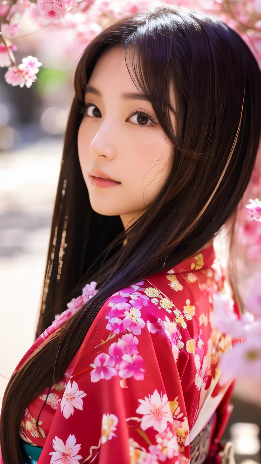 Beautiful Japanese supermodel woman, A lock of hair with slight highlights, black eyes, mixed media, Sexy,Sakura background,Gorgeous kimono , Liquid color flows across her face, backlight