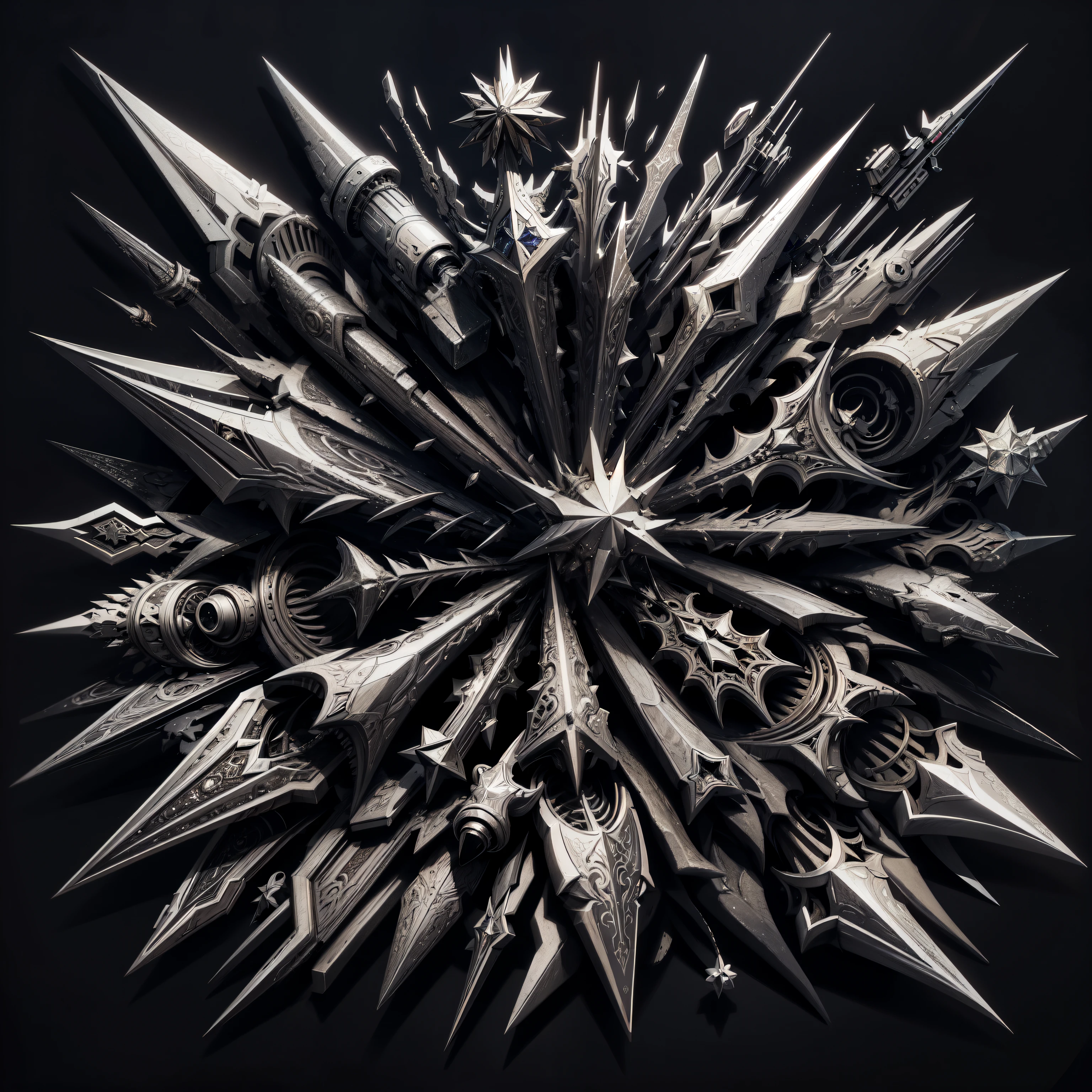Close-up of a star-shaped object with many spikes, complex digital artwork, 3D complex shapes, complex digital art, Intricately symmetrical artwork, Dark and detailed digital art, Complex 3D illustration, Infinite fragments and fractals, kaleidoscope of machine guns, sharp high quality artwork, chrome art, Heavy metal art, intricate metal, Complex and gorgeous anime CGI style