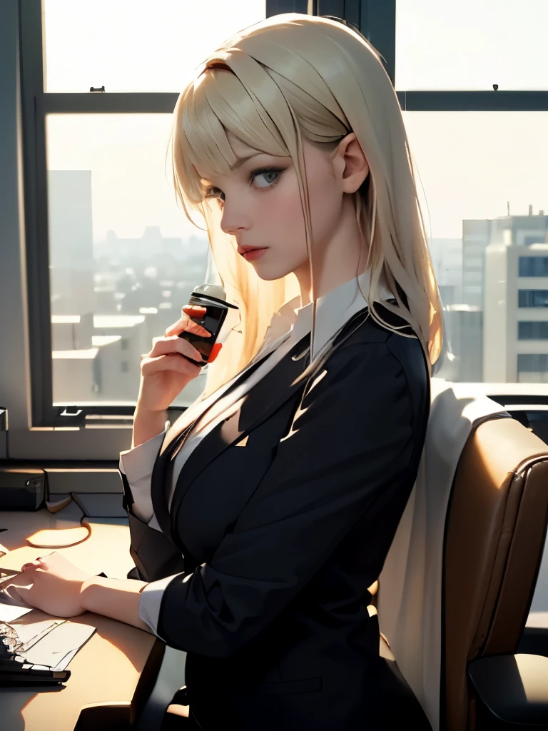 (highest quality, 8k, High resolution, realistic:2.0), (alone, one girl:2.0),(lit: front),(lit: strong),(ultimate beautiful girl:2.0),(shiny skin),(oily skin),(platinum blonde hair:1.5),(straight hair:2.0),(kind woman:1.5),blush brown makeup , dark eye makeup , use pink glossy lipstick,(Big Eyed Girl:1.5),(thin woman:1.5),(Photographed in the sophisticated office of an IT company:1.8),(elite business woman:1.8),(Career woman who can work),(I&#39;m so busy with work that I don&#39;t have a boyfriend.),(A woman who is not interested in love),(not interested in fashion),(I wear accessories that don&#39;t get in the way of my work..),(she has no love experience at all),(she feels lonely),(she is not good at talking to men),(she is shy and silent:1.5),(I don't want to stand out、I&#39;m concerned about people&#39;s eyes),(She has a dark personality and negative thoughts.:1.5),(she suffers from depression),(I have a lot of complexes and have no one to rely on..),(intelligent woman:1.5),(A woman who takes her work seriously),(I&#39;m a little unwell),(I like coffee and drink it all the time),(mentally unstable),(I&#39;m suffering from insomnia.),(unpopular woman),(unconfident:1.5),(I want pure love),(plain and introverted woman:1.3),(She has a hobby that she can&#39;t tell anyone about., and that&#39;s masturbation),(she is pure:1.5),(Prefer to dress appropriately for office work:1.5),(I have a complex about my big butt and want to hide it.),(A woman whose life is difficult),(A woman exhausted from long working hours),(Female sex appeal),(sweet scented perfume from her),(I ended up masturbating in the office while working overtime late at night.),(She is a person who expresses her vulgar sexuality々I don&#39;t want to know.)