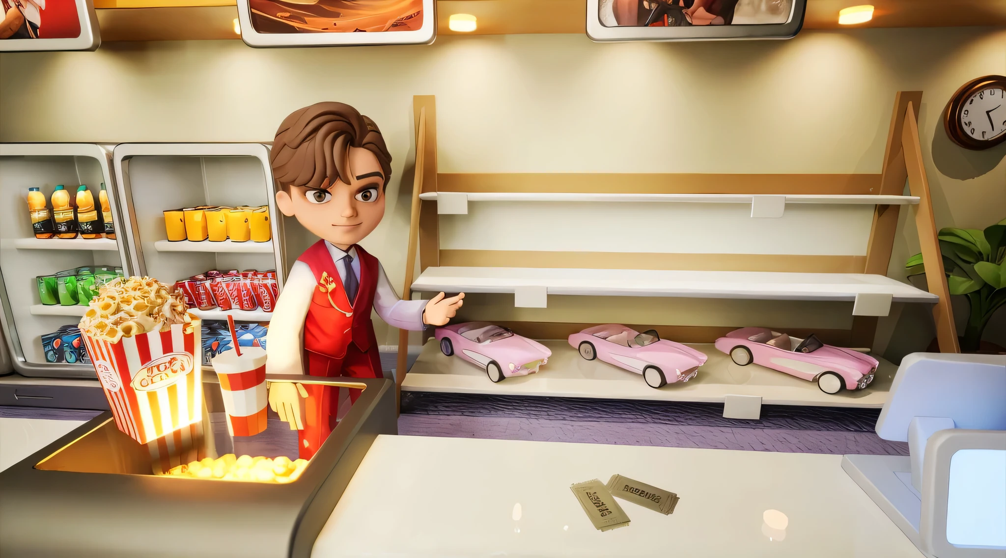 (masterpiece, best quality:1.2),(beautiful, perfect, beautifully, complicated:1.1), cartoon character raising hands, a close up of a cartoon character with a huge breast,Cinema ticket sales, indoor, salesman, Popcorn