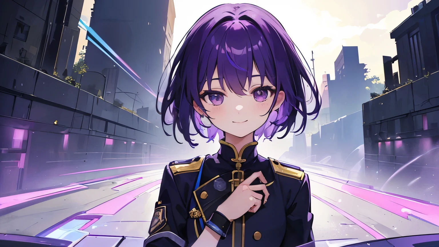 (T Masterpiece，4k wallpaper，best quality))、((girl１people))、(solo)、Shining and vivid，(purple hair)、(shortcut:1.3)、smile、uniform、ruins