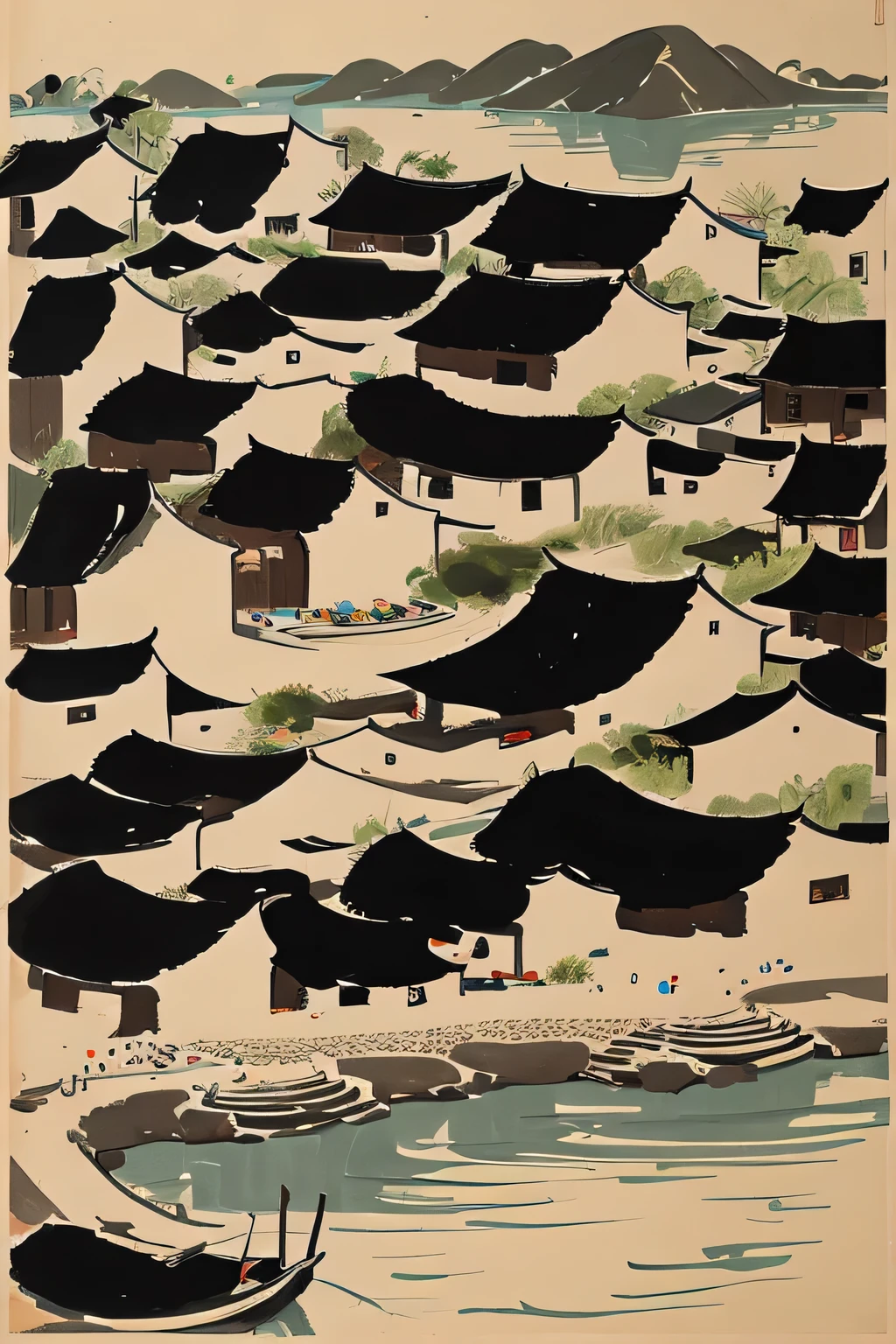 Wu Guanzhong style works，landscape painting，Collusion in Chinese Painting，painting of a view of a lake with a village in the distance, by Wu Guanzhong, Inspired by Wu Guanzhong,  landscape in background, village,Housing is scarce