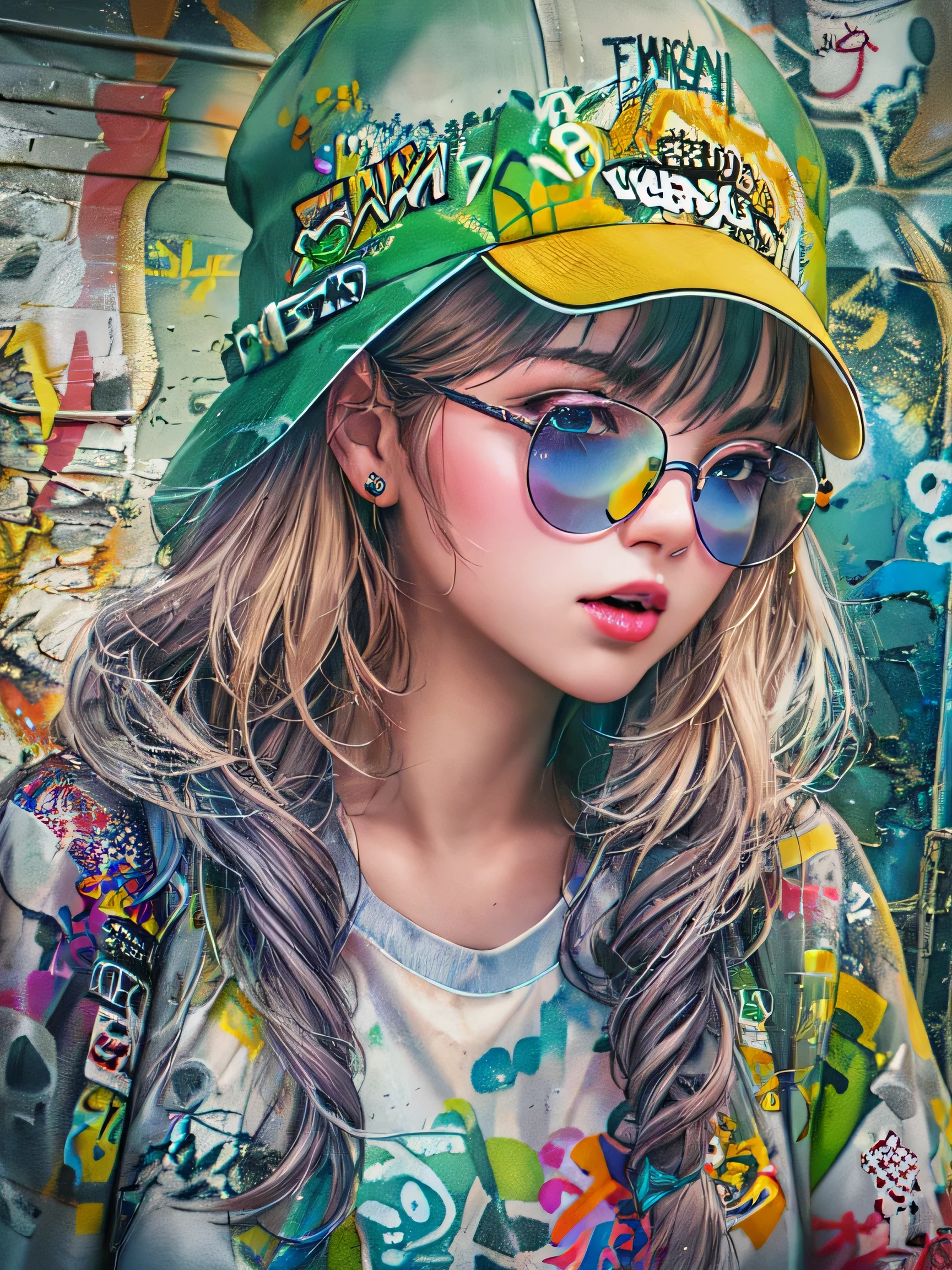 8K quality, watercolor painting, stylish design, (((The strongest beautiful girl of all time))), (((Japanese))、clear, stylish glasses, Fashionable hats, (((highest quality))), bob hair, HDR, ((Detailed details)), skull fashion、, detailed clothing texture, (((graffiti art))), colorful hair, ((masterpiece))、((Super detailed))