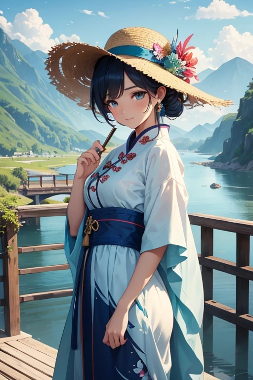 a girl standing on a bridge,clothed in traditional Chinese dress and a straw hat,looking at a beautiful river and mountains in the background,with vibrant colors and brush strokes like a Wu Guanzhong painting,warm sunlight casting a soft glow on the scene,exquisite details of the girl's face and clothes,best quality painting,ultra-detailed,realistic,hues of blue and green,soft lighting,white clouds drifting in the sky,masterpiece:1.2