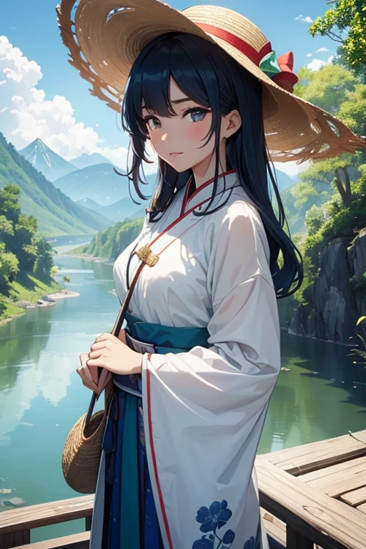 a girl standing on a bridge,clothed in traditional Chinese dress and a straw hat,looking at a beautiful river and mountains in the background,with vibrant colors and brush strokes like a Wu Guanzhong painting,warm sunlight casting a soft glow on the scene,exquisite details of the girl's face and clothes,best quality painting,ultra-detailed,realistic,hues of blue and green,soft lighting,white clouds drifting in the sky,masterpiece:1.2