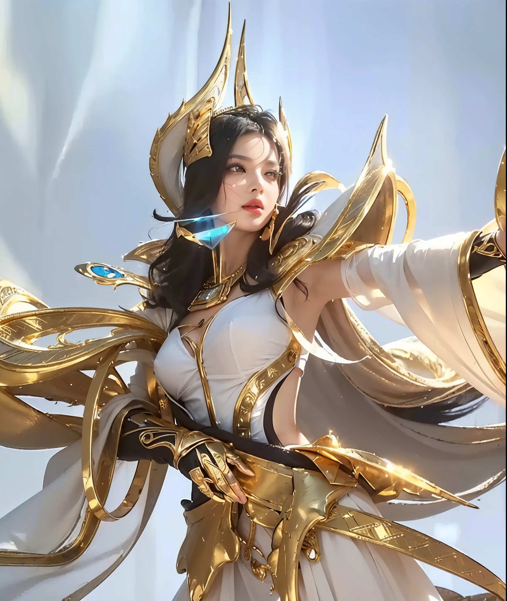 (best quality:1.2, highres, ultra-detailed, realistic:1.37), close up, woman, white dress, black hair, gold jewelry, masked long veil, princess, Egyptian goddess, pink lips, medium breast, holding golden spear, gold gloves, portrait-style, vibrant colors, soft lighting