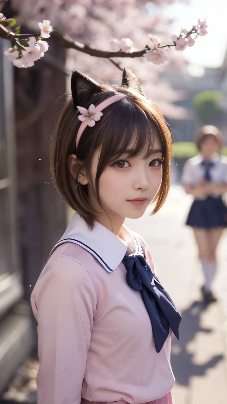 masterpiece, 4k, Bokeh, beautiful face, (multiple girls:1.4), Harem, group photo, Cat ear, medium bob hair, (Pink school uniform:1.4), graduation, looking at the viewer, cherry blossoms street , Cowboy shot, sundown,