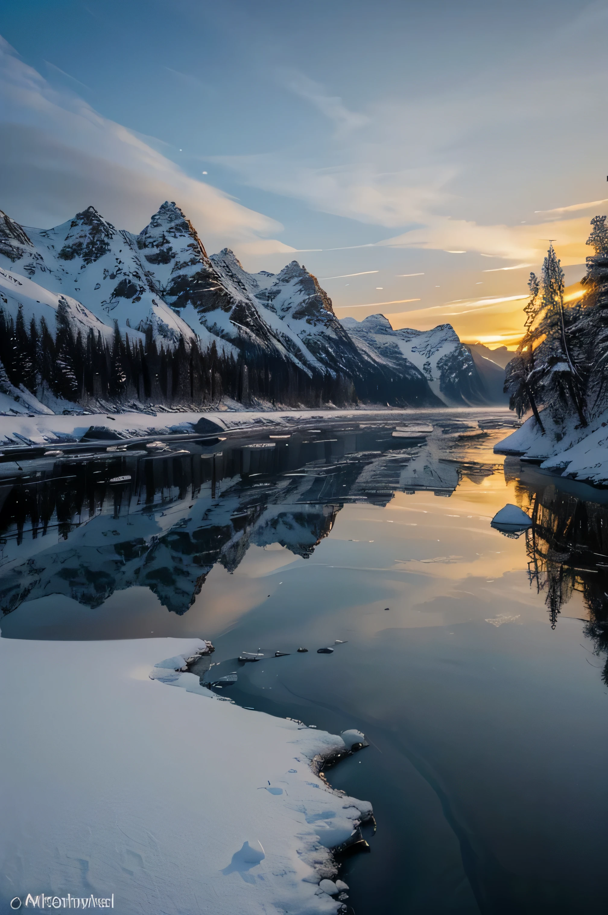 Lena river, flowing through Yakutia permafrost, (best quality,4k,8k,highres,masterpiece:1.2), ultra-detailed, (realistic,photorealistic,photo-realistic:1.37), stunning landscapes, icy waters, rugged terrain, snowy mountains, dense forests, crystal clear reflections, dramatic scenery, untouched beauty, vast expanse of nature, serene atmosphere, vibrant colors, breathtaking views, golden sunlight, shimmering ice, frozen riverbanks, majestic presence, remote wilderness, tranquil surroundings, ethereal beauty, unique ecosystem, pristine wilderness, dramatic contrast, raw and unspoiled landscape, magnificent nature, awe-inspiring sight, infinite horizon, natural wonders, immense scale, mythical aura.
