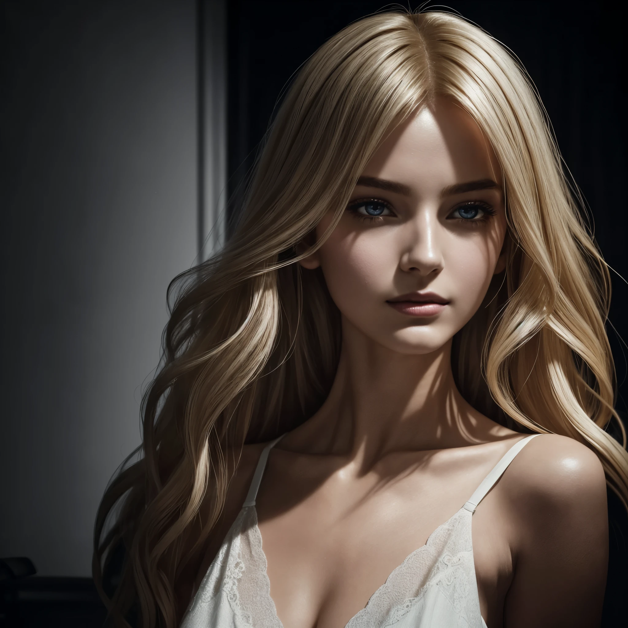 BALENCIAGA: A lone woman, an Avakin Life character, graces the dark background with her striking features. Her flowing long blonde hair cascades down, framed by bangs that softly connect with her slim, beautiful face. Her crisp complexion contrasts the deep shadows surrounding her, evoking an apocalyptic ambiance where light seems to have abandoned. Adorned in a white dress, the fabric hopefulness clings to her form, revealing her slim silhouette. Her lips, plumped from filler, form a big mouth that curls into a mysterious smile. In the midst of the absence of light, her features remain pronounced, an enigma amid the darkness