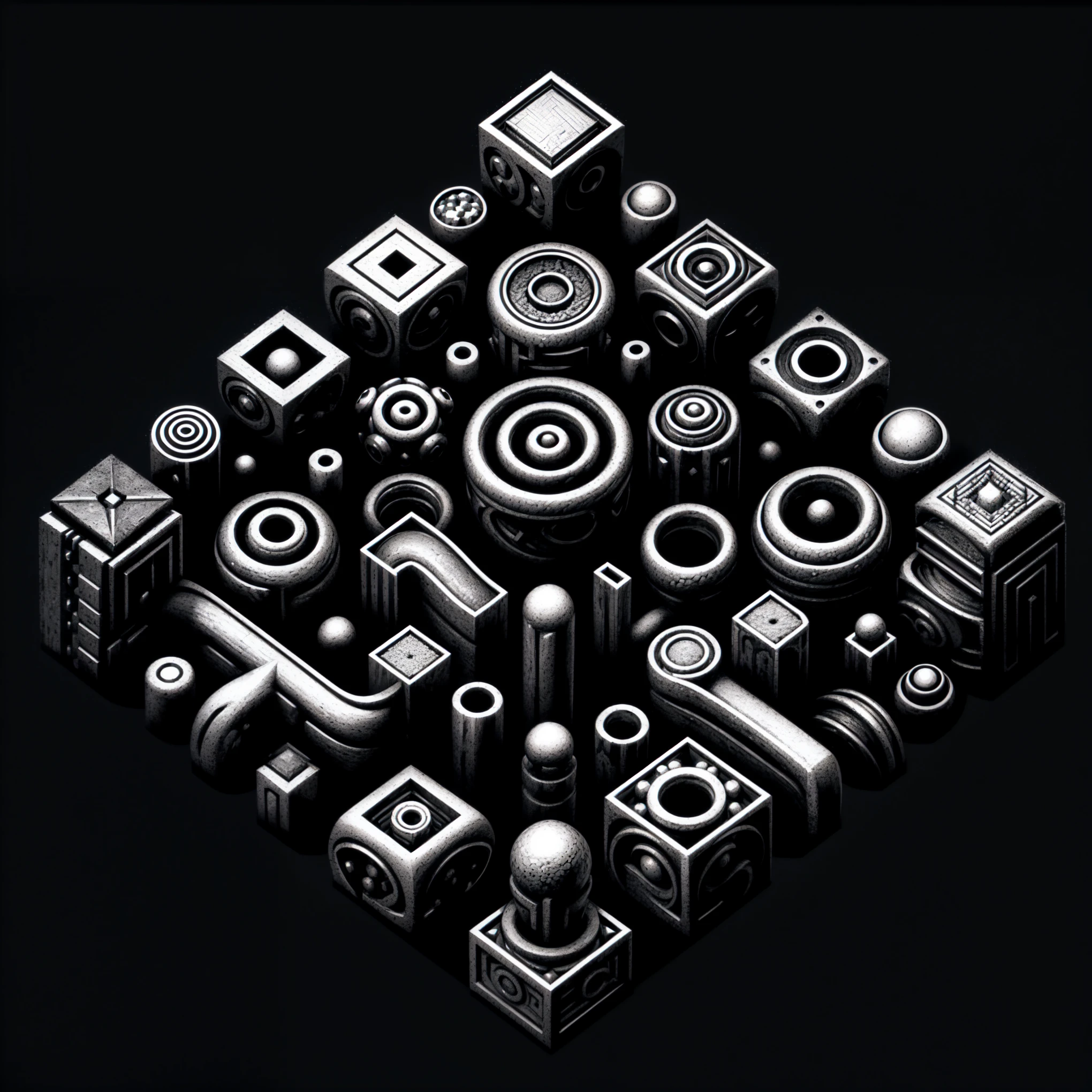 Close-up of black and white photo of a bunch of objects, 3D complex shapes, Isometric art, Andrei Ryabovichchev Symmetry, McFarlin : : Gorgeous, mc escher style, Art Station Geometry, by Joe Machine, inspired by Petros Afshar, Escher Mack, Performance Art, Complex 3D illustration