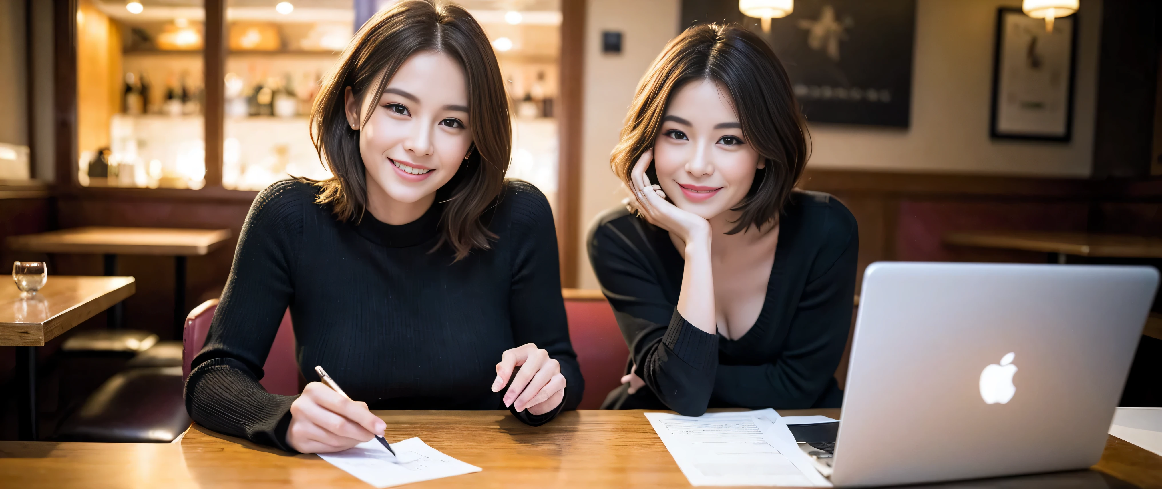 (including 64k、nffsw、highest quality、masterpiece:1.2)、(realistic、Photoreal:1.37)、Spectacular view of the sunset sky and clouds、Amazing mountain views、wine glass、while enjoying wine、mature woman、two beautiful women、(slim face)、(because I'thin)、(brown hair)、(shortcut)、Latino、smileのフランス人女性、happy italian girl、british woman、Americana、cheeks are a little red、(38 years)、42 years old、red wine、窓の外には美しく緻密なnight景が広がります.......、restaurant、目立つ場所にあるwine glass、night、(from the waist up)、sit on top、date、(laughter:1.15)、thin and beautiful eyes、cashmere sweater、long sleeve dress、Japanese、(short hair:1.2)、Float NovaFrogStyle、、modeled、from the waist up、White wine、turned into slime、wine glass、超綺麗なnight景、wine glassを真ん中に置きます、smile、(8k、RAW photo、highest quality、masterpiece:1.2)、(realistic、Photoreal:1.37)、Super detailed、ultra high resolution、2 females、see the beholder、beautiful and detailed face、laughter、narrow、(slim waist) :1.3)、knit shirt、Fine and beautiful skin、skin texture、floating hair、professional light needle breast、kind eyes