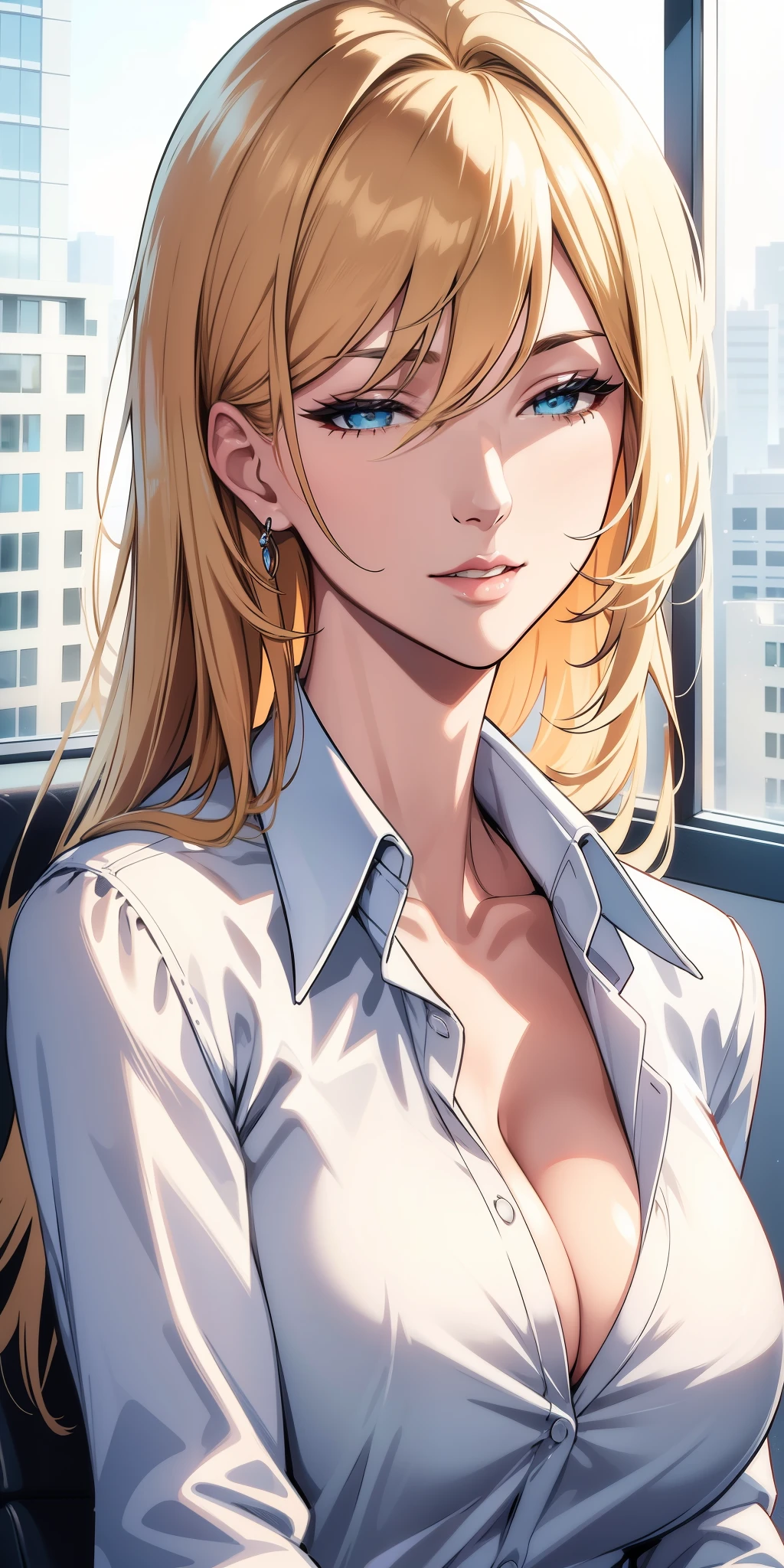 (best quality, highres), portrait, elegant boss lady, fair skin, long straight hair, swept-side bang, [[[brown hair]]], blonde hair, office shirt, cleavage, office window, vibrant color